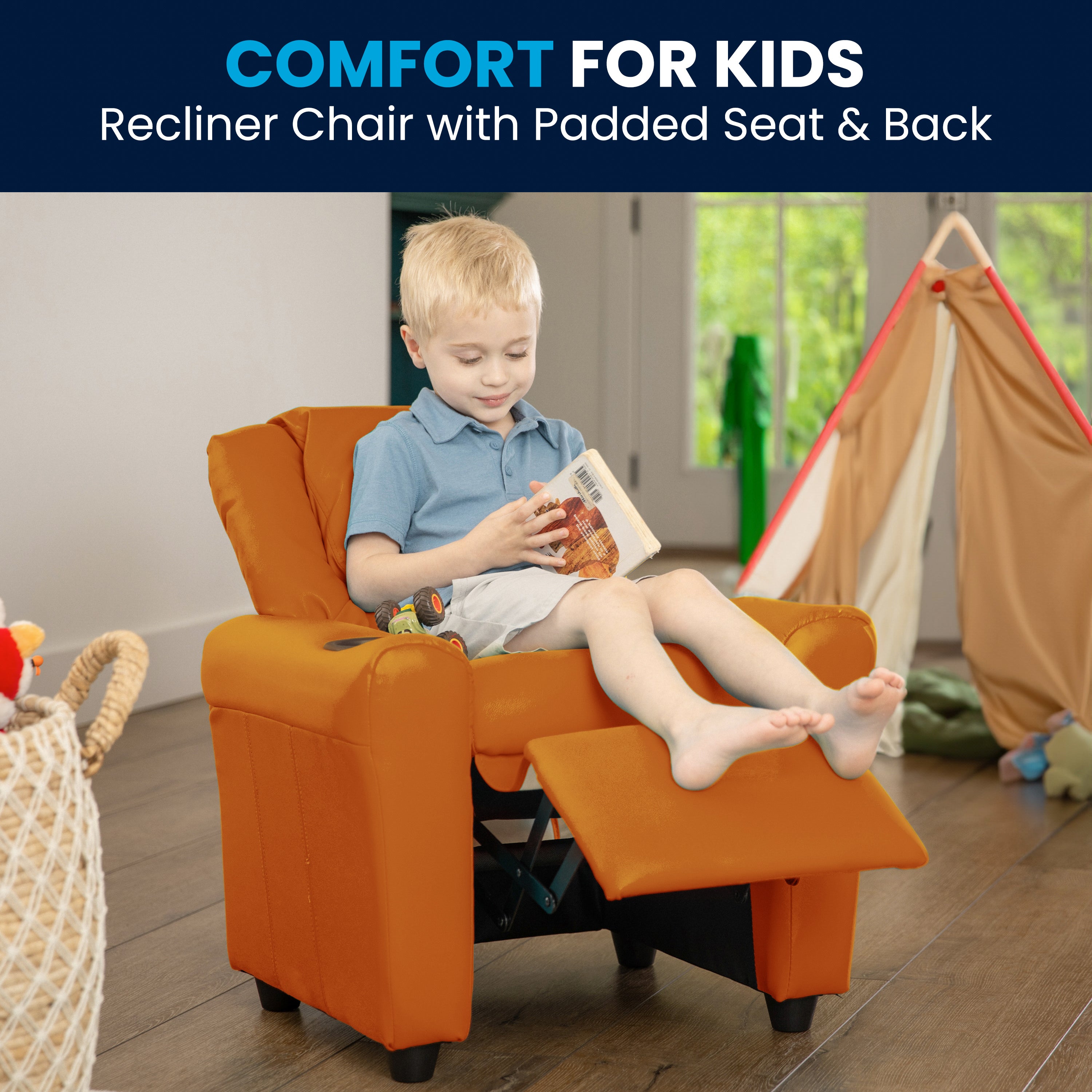 Contemporary Kids Recliner with Cup Holder and Headrest