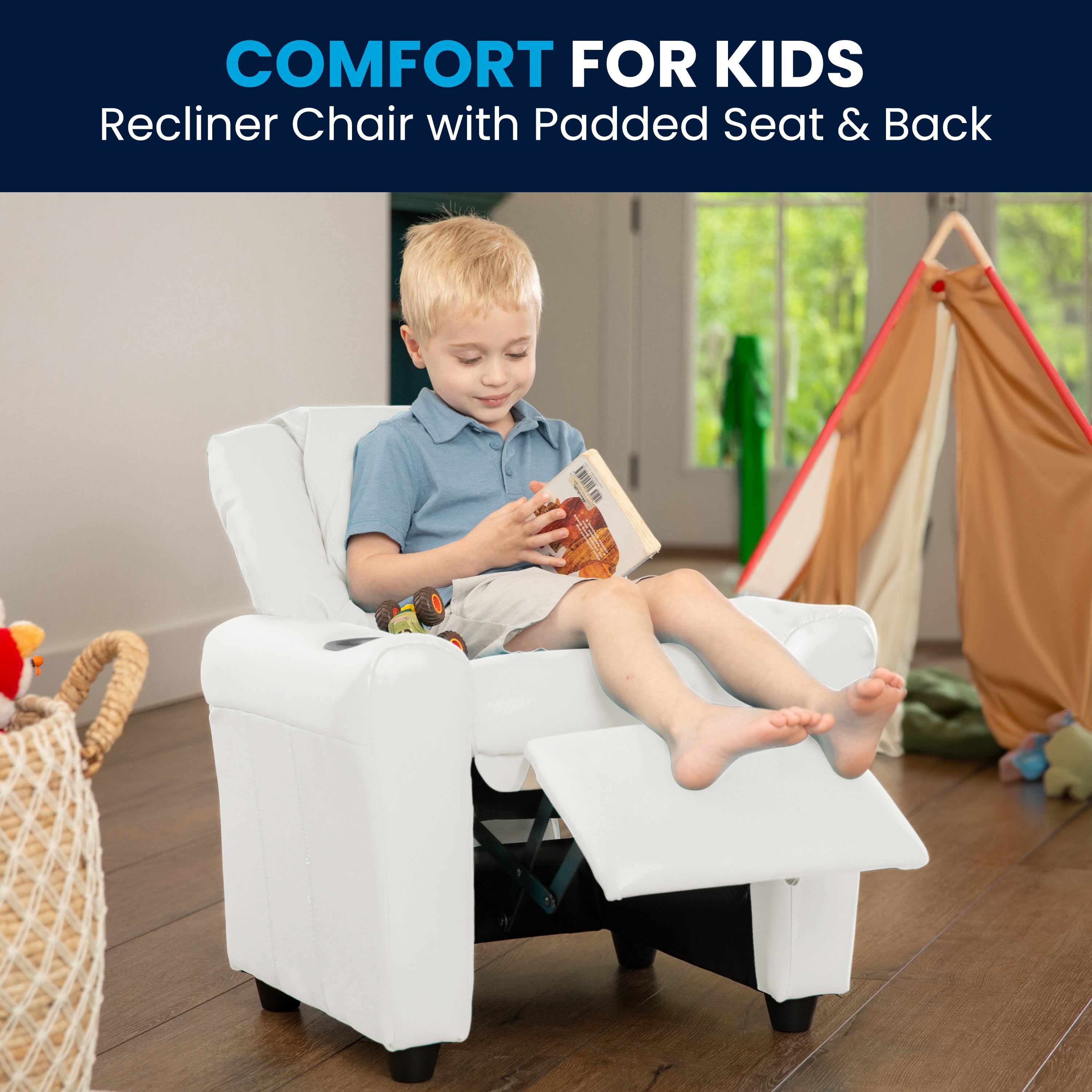 Contemporary Kids Recliner with Cup Holder and Headrest