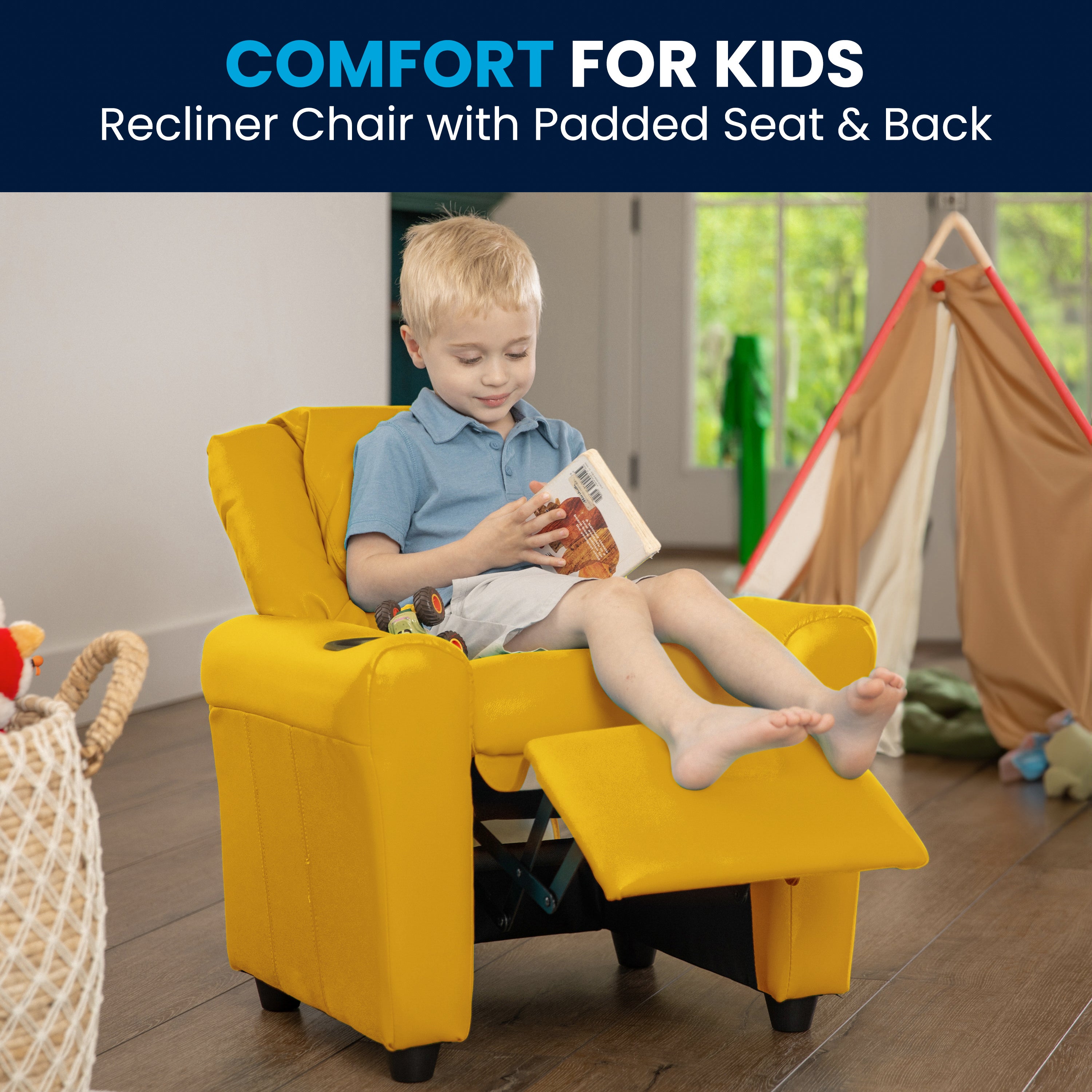 Contemporary Kids Recliner with Cup Holder and Headrest