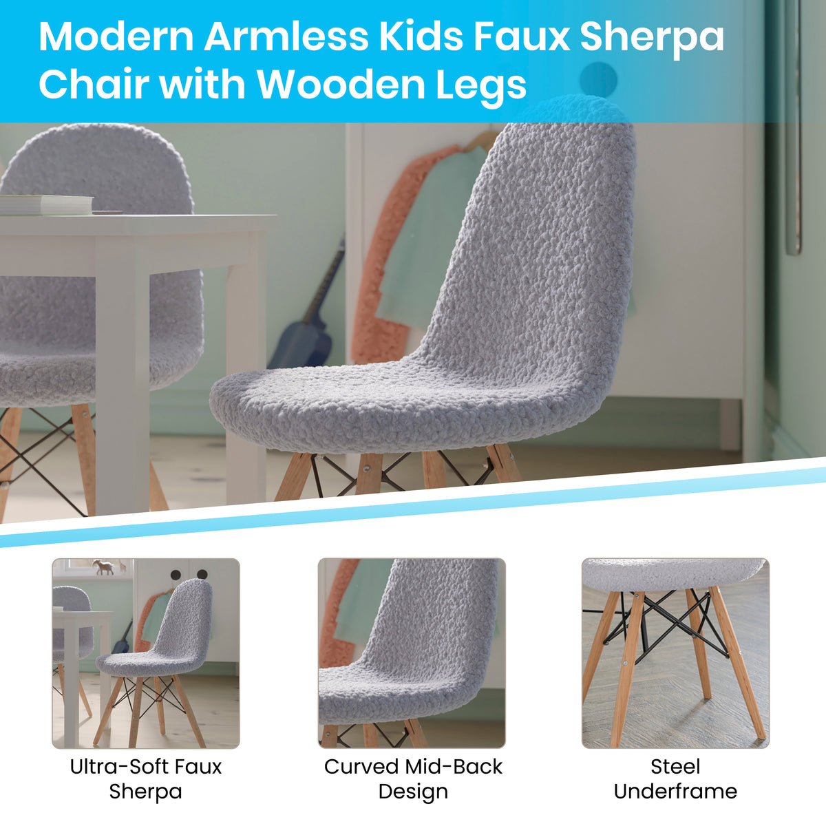 Zula Kid's Modern Padded Armless Faux Shearling Accent Chair with Beechwood Legs