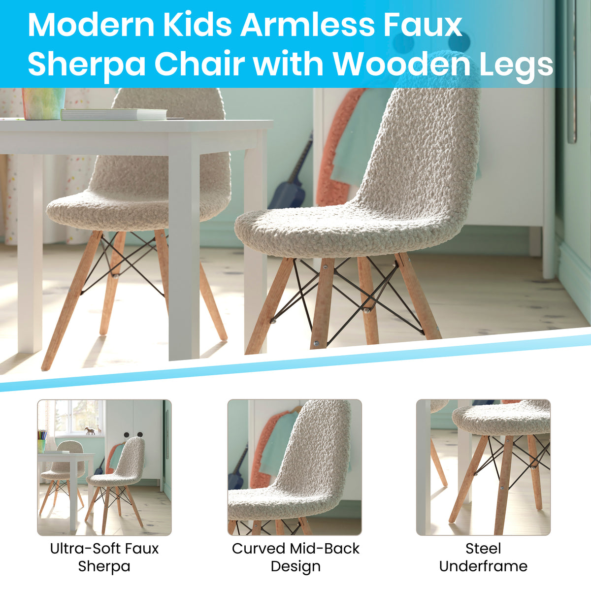 Zula Kid's Modern Padded Armless Faux Shearling Accent Chair with Beechwood Legs