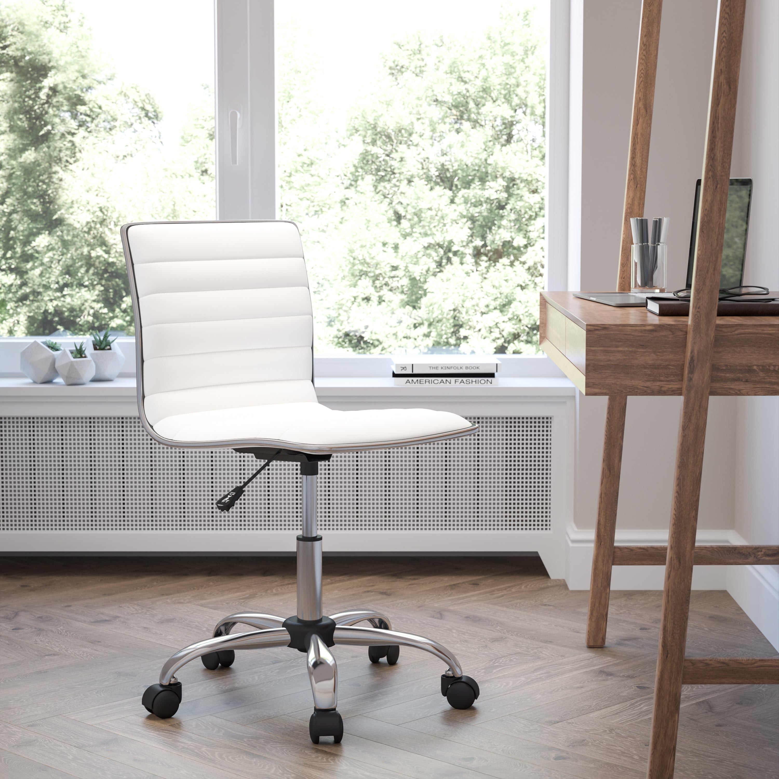 Low Back Designer Armless Ribbed Swivel Task Office Chair