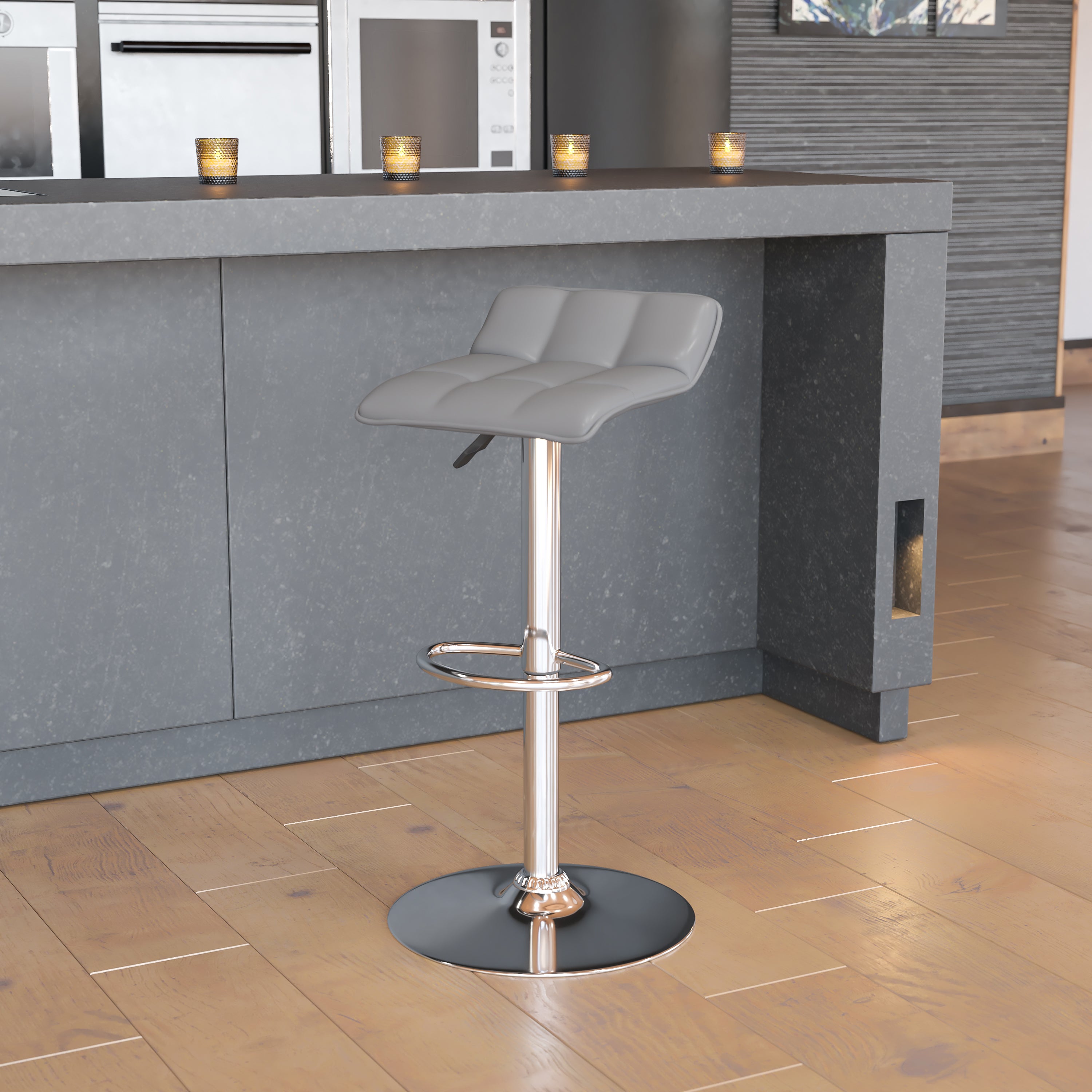 Contemporary Vinyl Adjustable Height Barstool with Quilted Wave Seat and Chrome Base