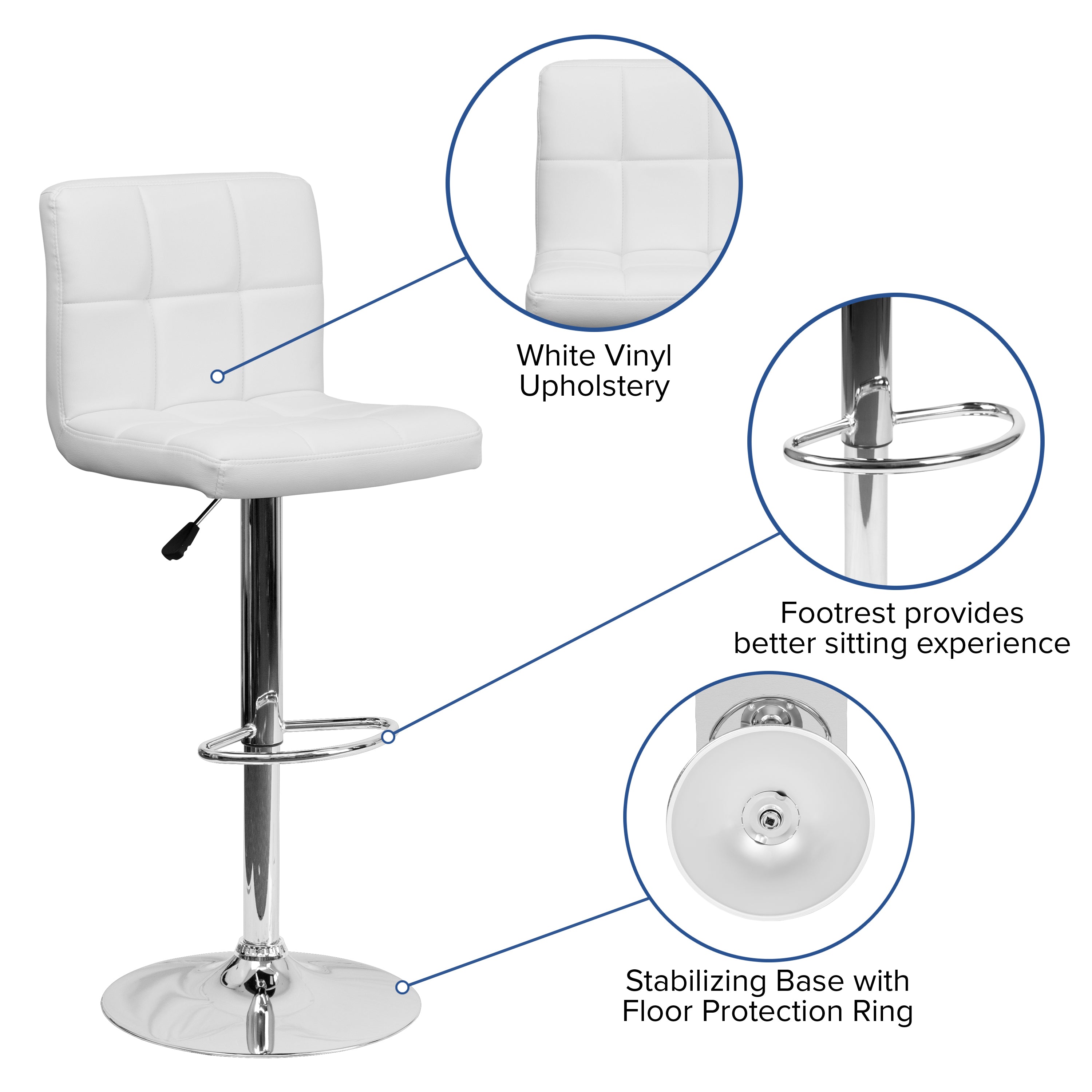 Contemporary Quilted Vinyl Adjustable Height Barstool with Chrome Base