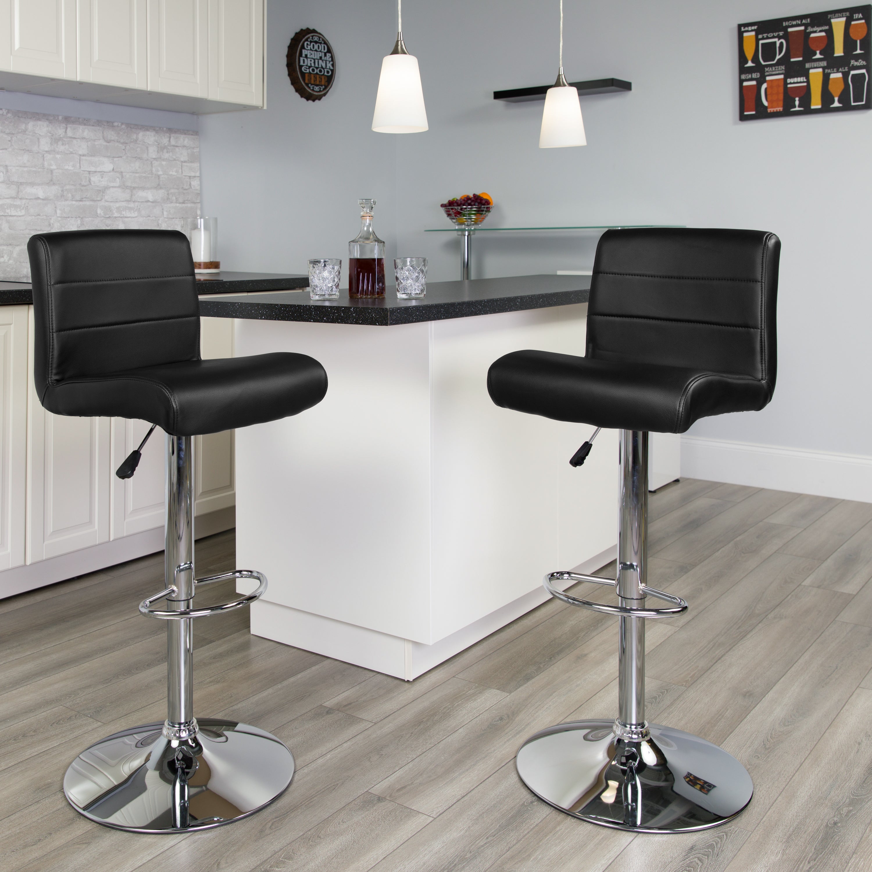 Contemporary Vinyl Adjustable Height Barstool with Rolled Seat and Chrome Base