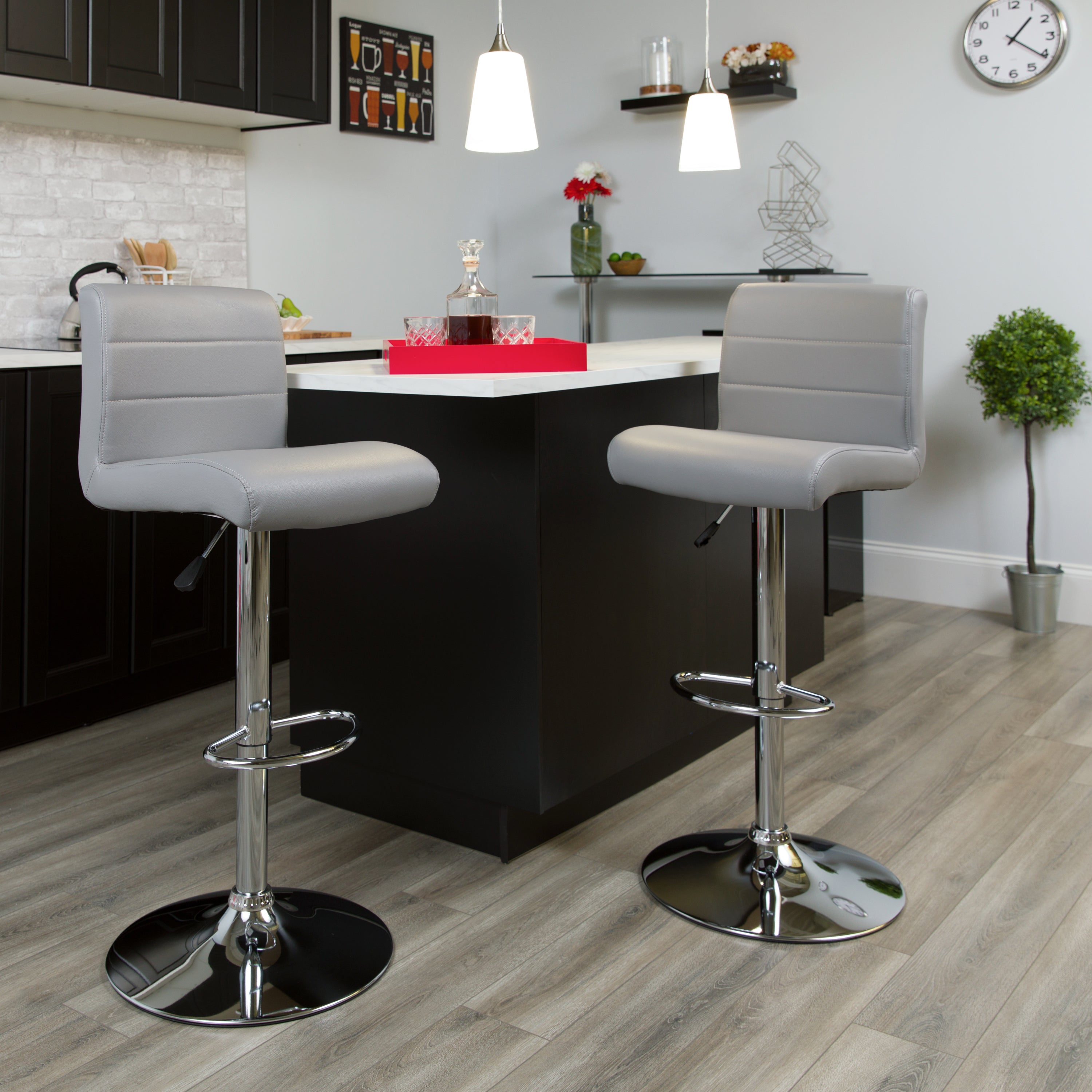 Contemporary Vinyl Adjustable Height Barstool with Rolled Seat and Chrome Base