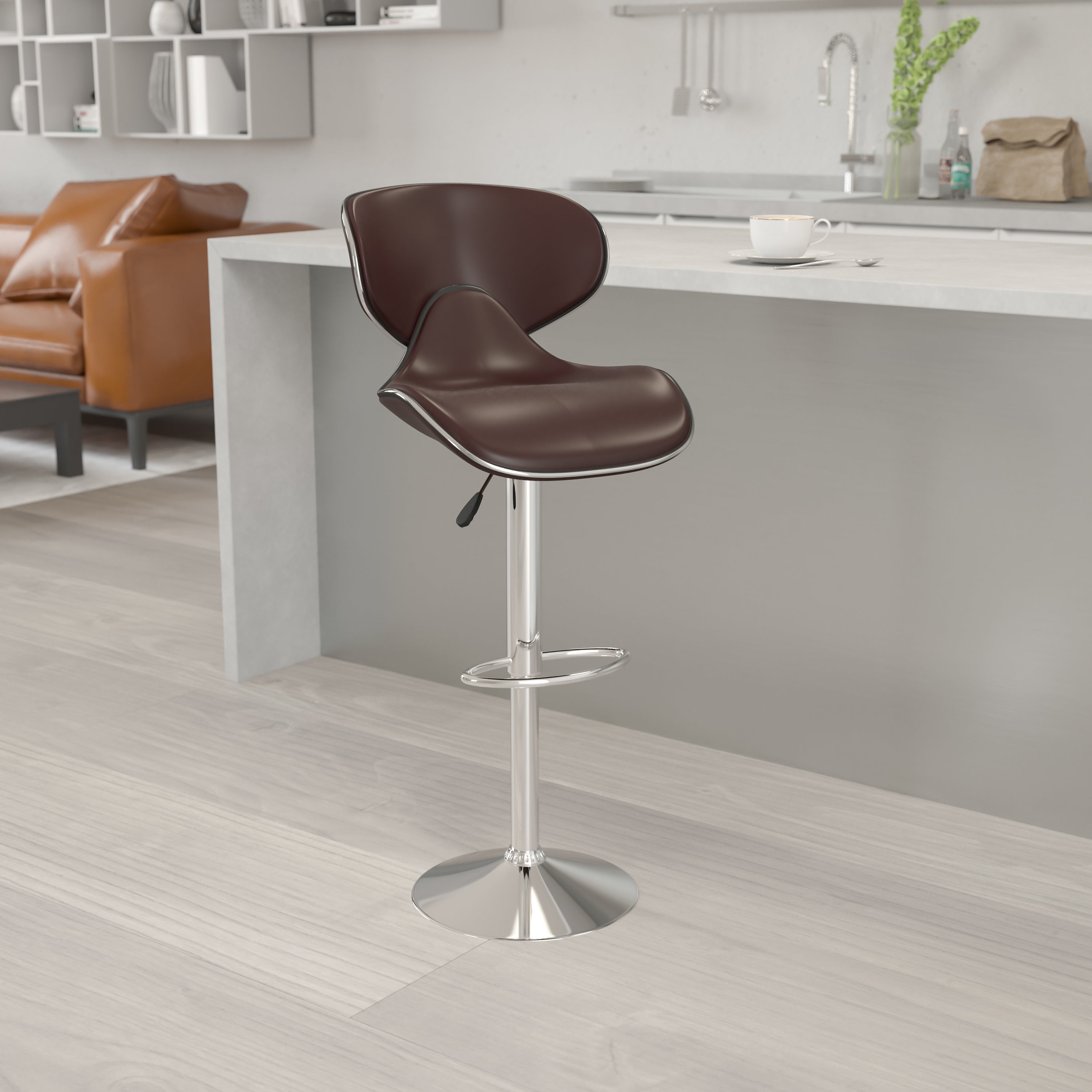 Contemporary Cozy Mid-Back Vinyl Adjustable Height Barstool with Chrome Base
