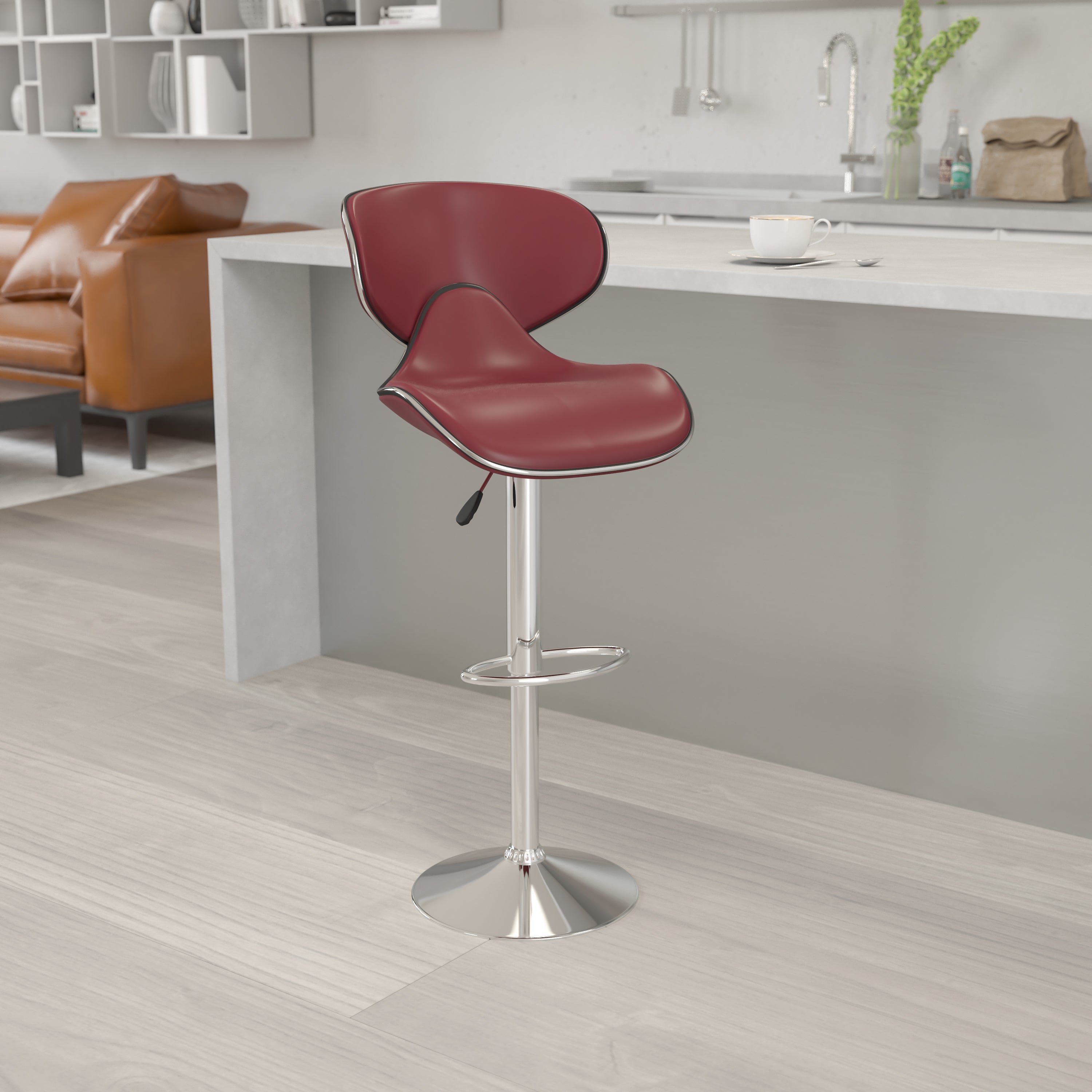 Contemporary Cozy Mid-Back Vinyl Adjustable Height Barstool with Chrome Base
