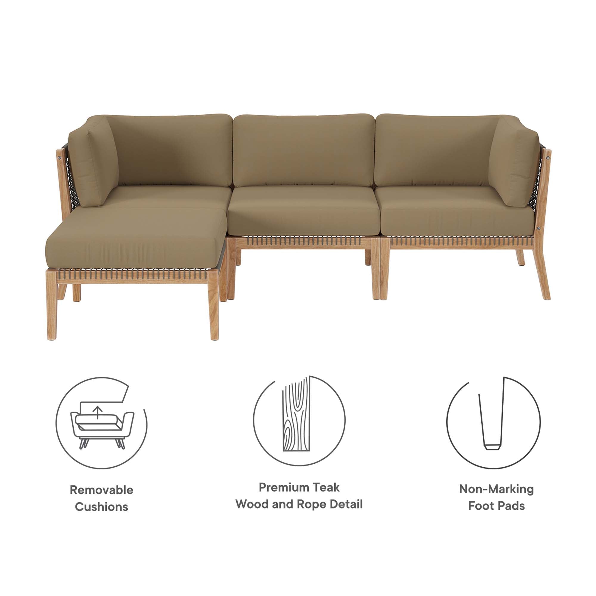 Clearwater 4-Piece Outdoor Patio Teak Wood Sectional Sofa