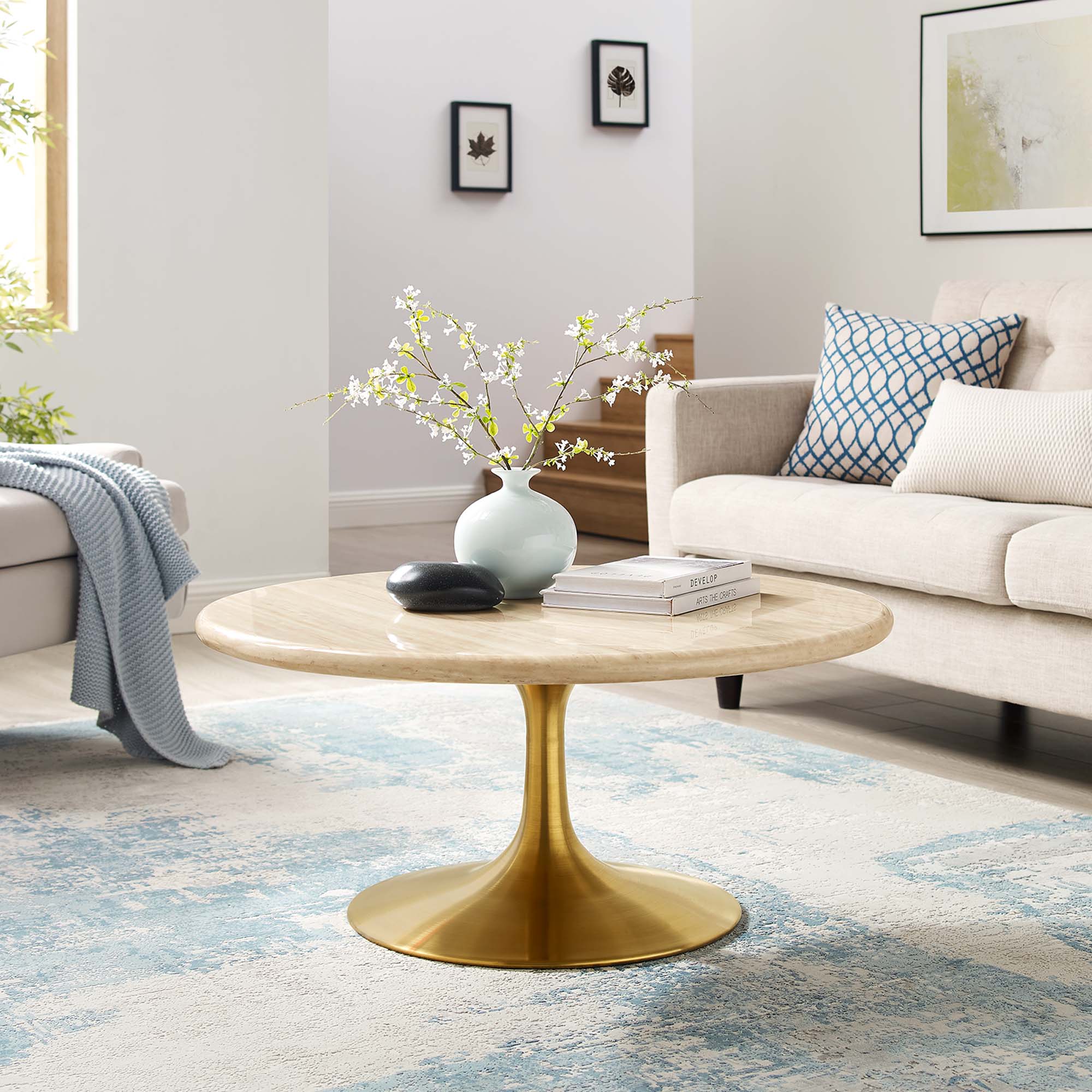 Lippa 36" Round Faux Travertine Coffee Table