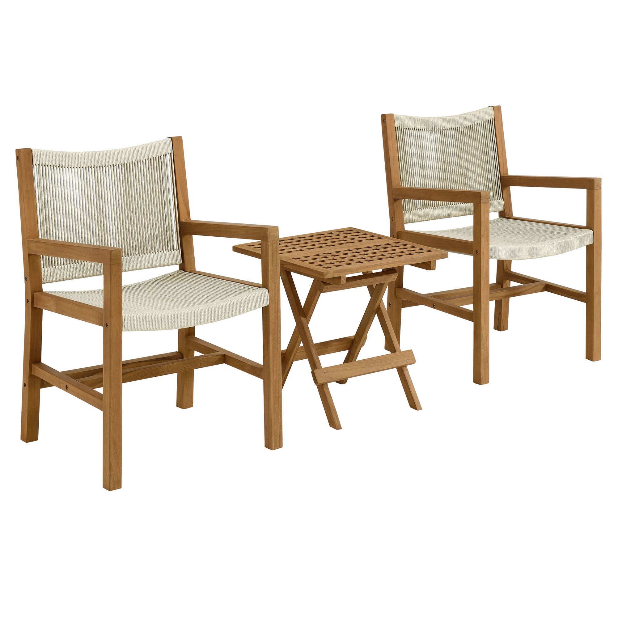 Vienna 3-Piece Outdoor Patio Teak and Rope Armchairs with Folding Side Table