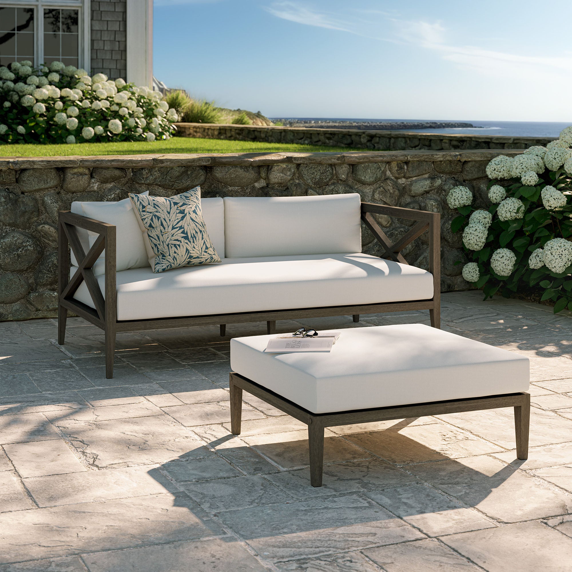 Northlake Outdoor Patio Teak Wood Loveseat and Ottoman Set