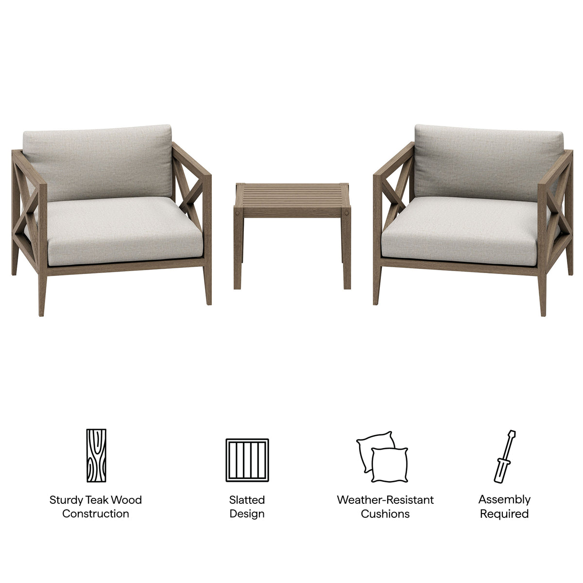 Northlake 3-Piece Outdoor Patio Teak Wood Furniture Set with Armchair and Side Table