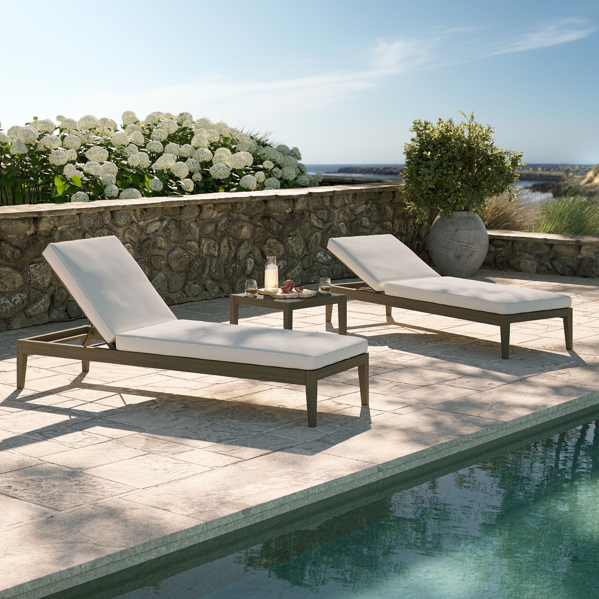 Northlake 3-Piece Outdoor Patio Teak Wood Furniture Set with Chaise Lounges and Side Table
