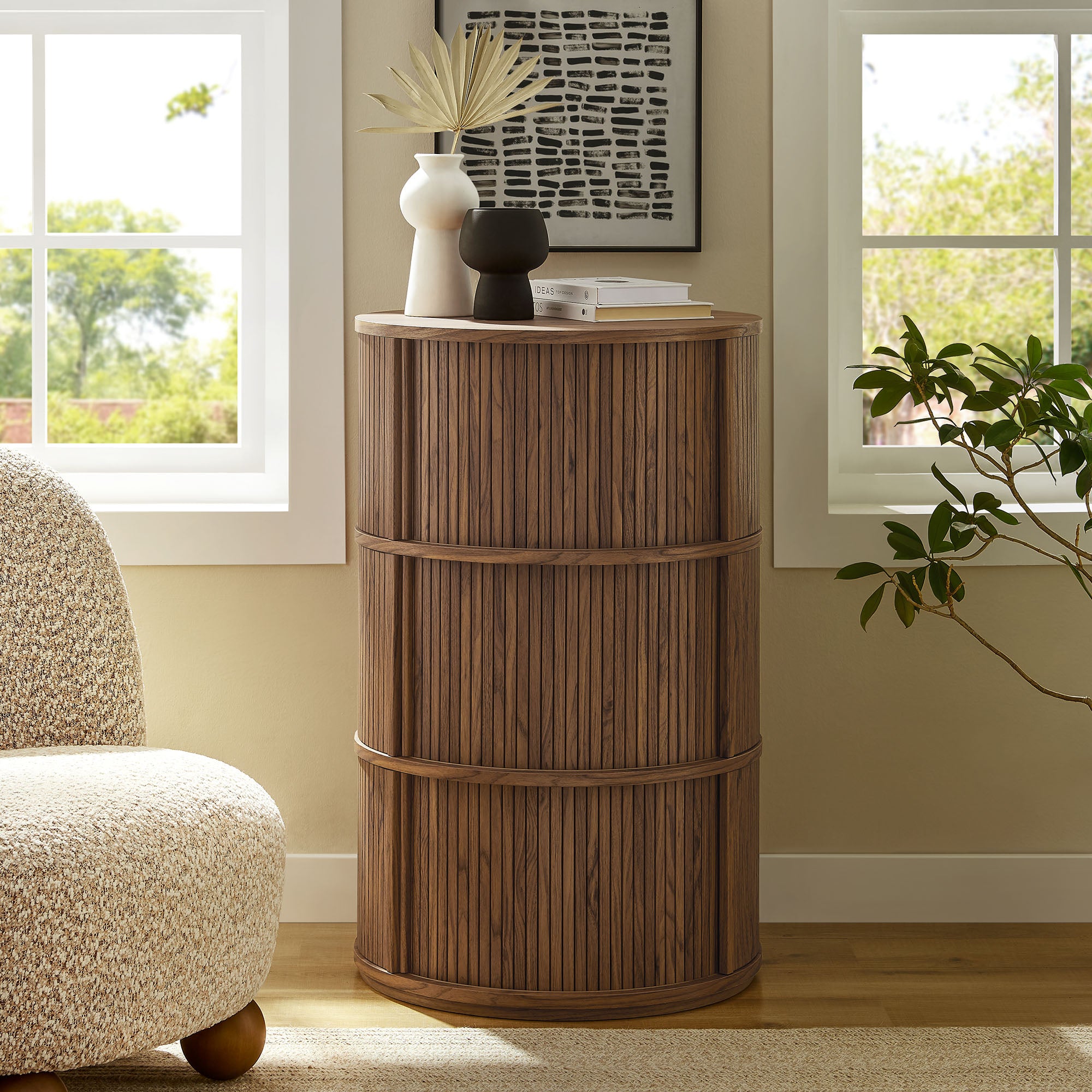 Clement Round Pedestal Stand Storage Table With Sliding Tambour Doors