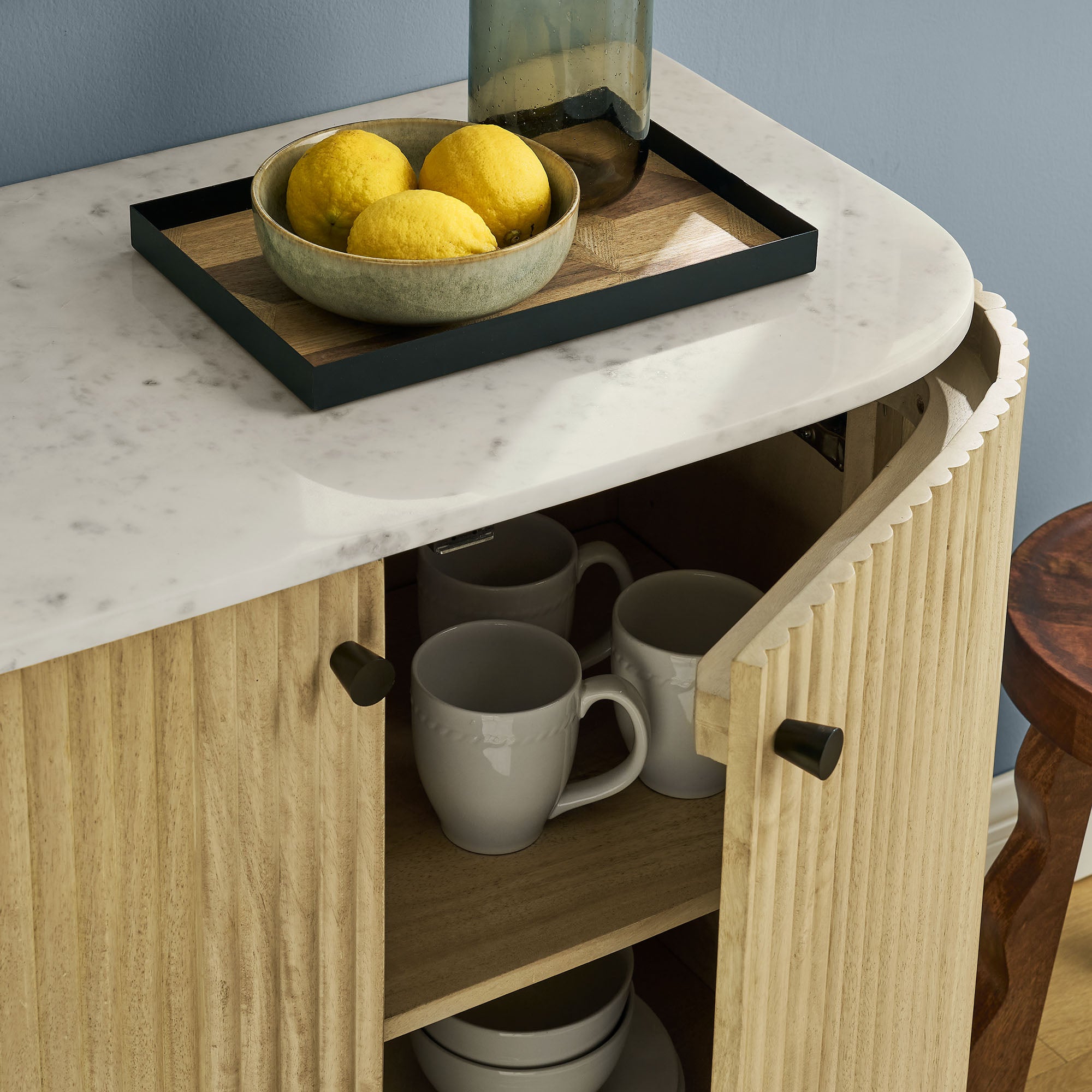 Caldera 33" Curved Solid Wood and Marble Accent Storage Cabinet