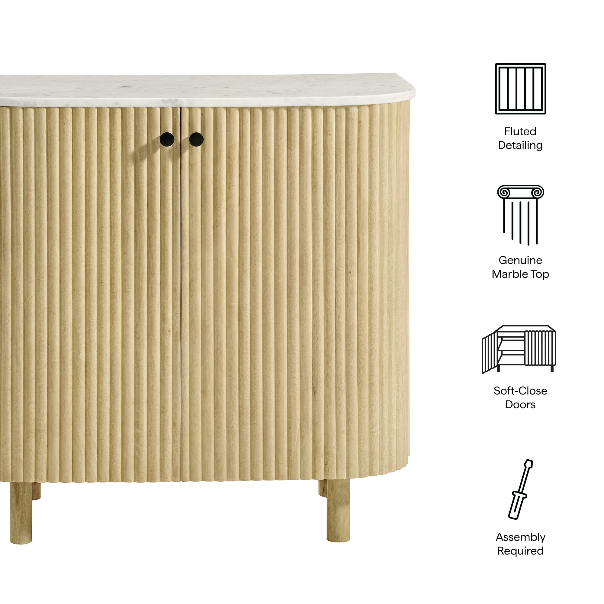 Caldera 33" Curved Solid Wood and Marble Accent Storage Cabinet