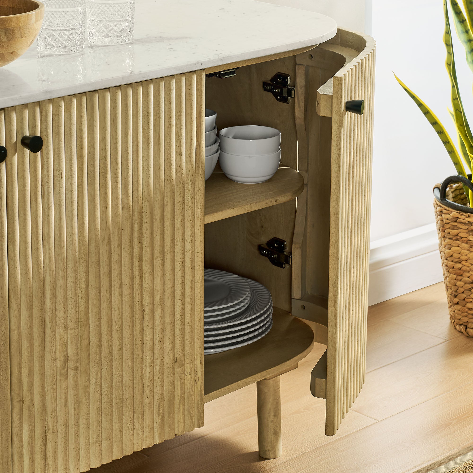 Caldera 60" Curved Solid Wood and Marble Sideboard Storage Cabinet