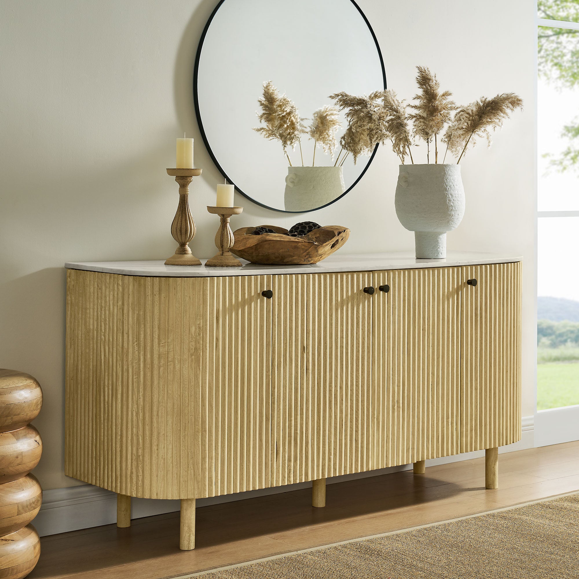 Caldera 60" Curved Solid Wood and Marble Sideboard Storage Cabinet
