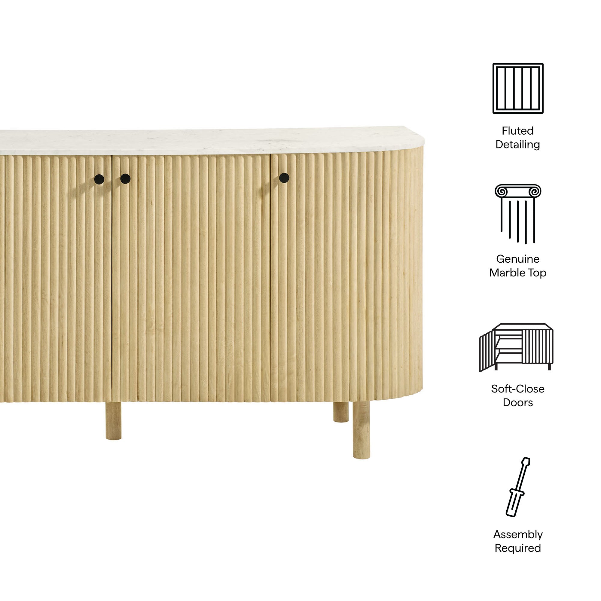 Caldera 60" Curved Solid Wood and Marble Sideboard Storage Cabinet
