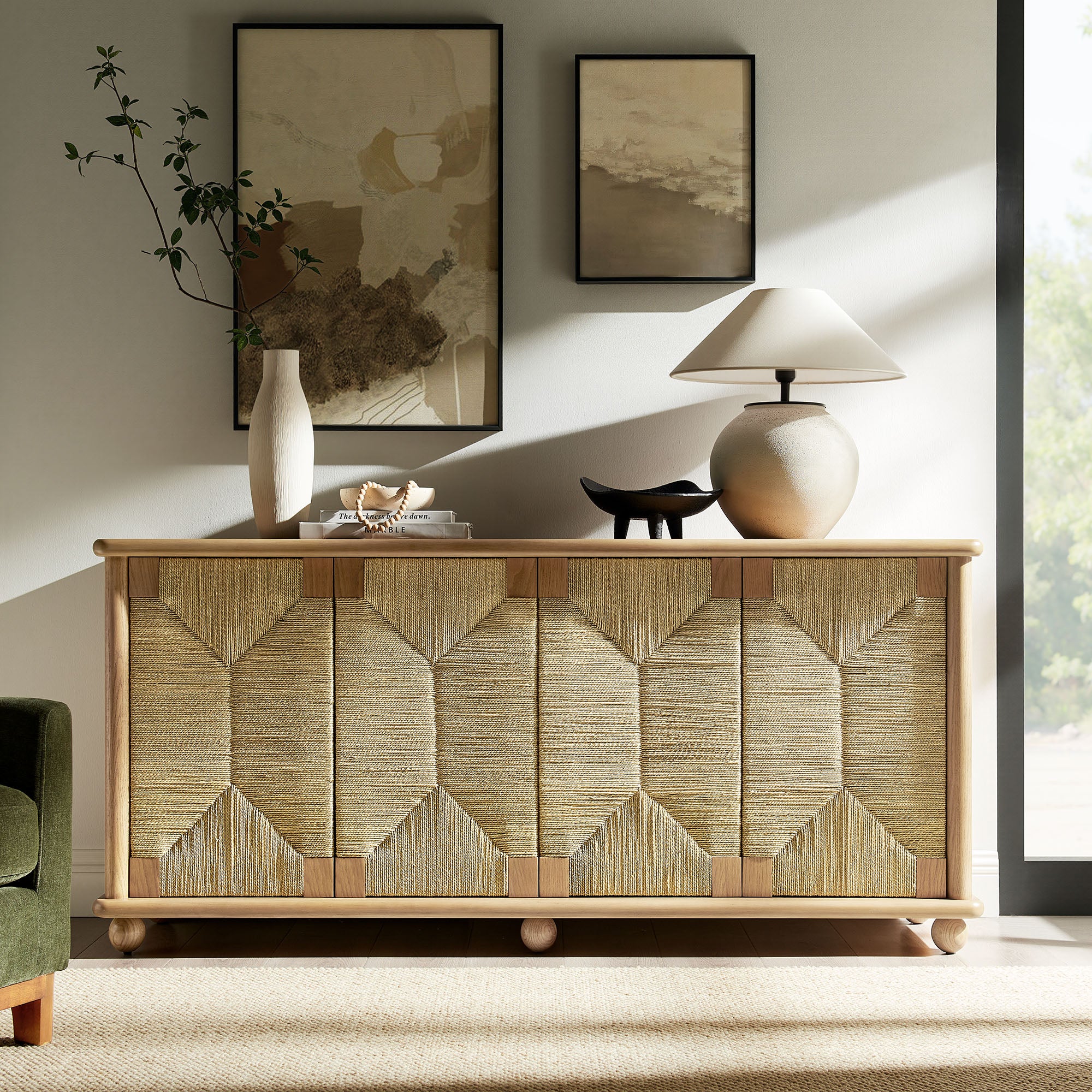 Marola 71 Inch Oak Wood Seagrass Sideboard