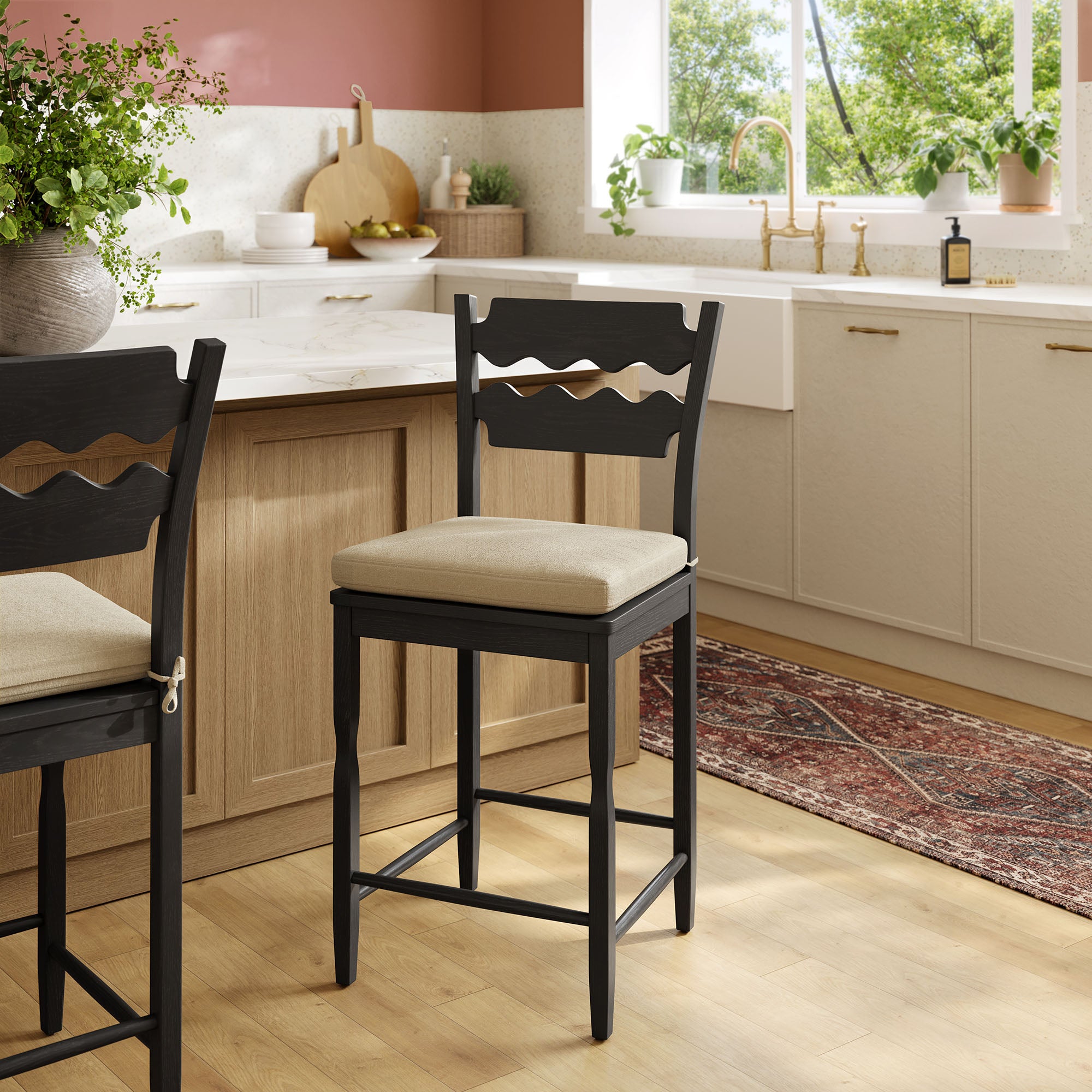 Jax Oak Wood Counter Stool With Wavy Razor Back and Cushion