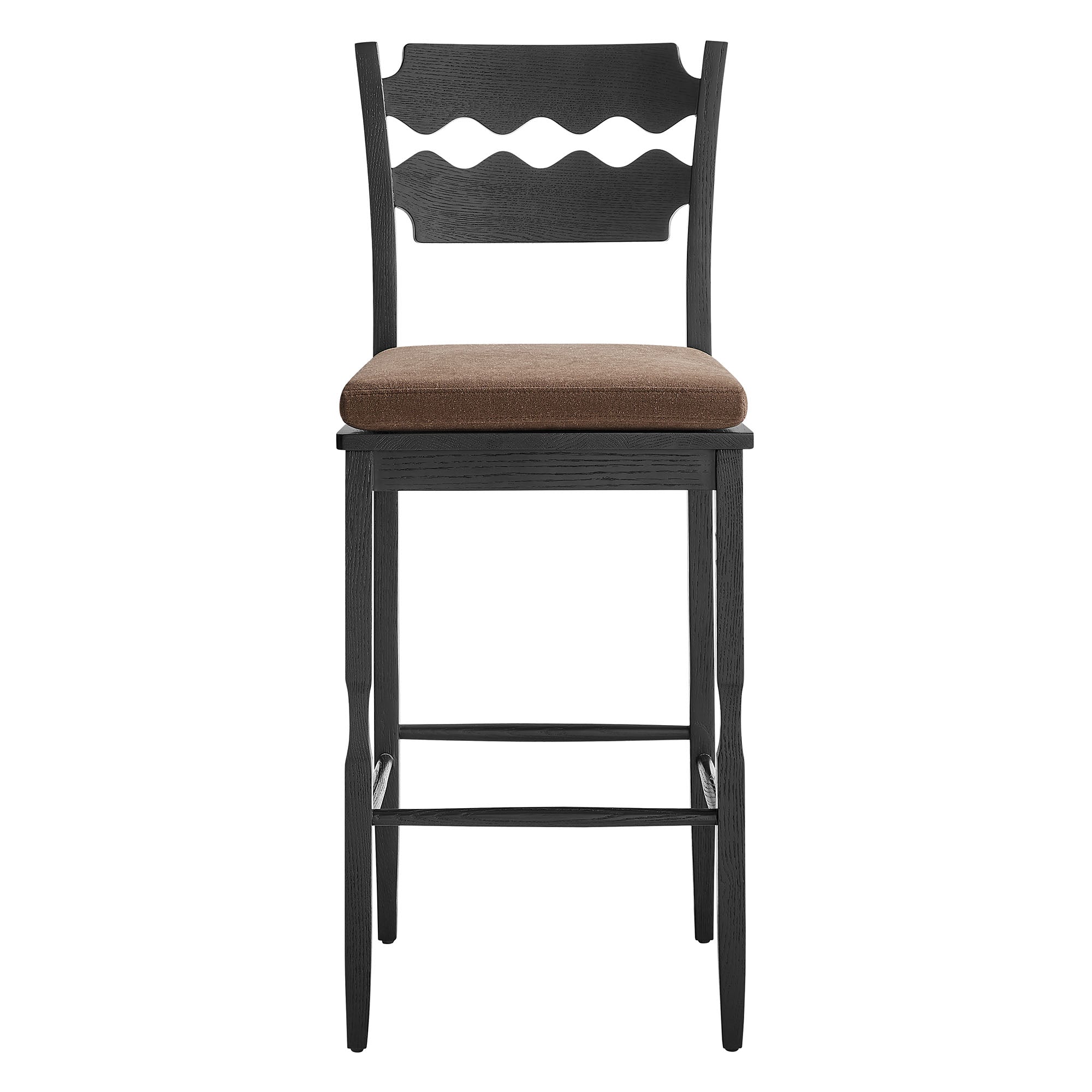 Jax Oak Wood Bar Stool With Wavy Razor Back and Cushion
