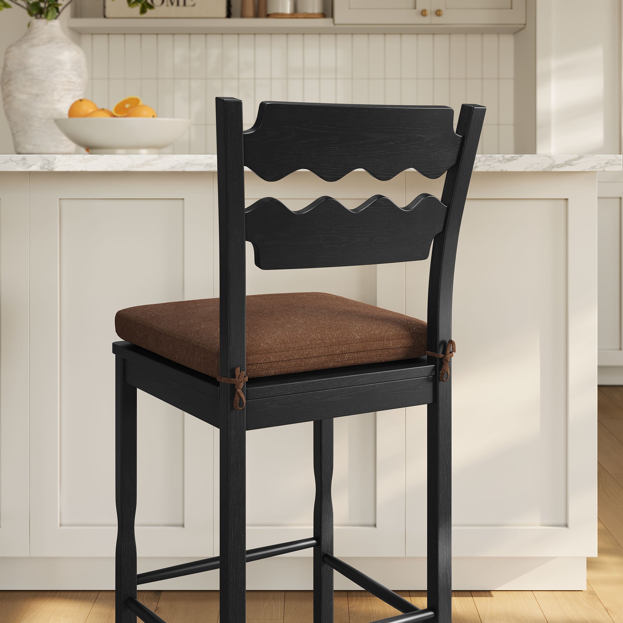 Jax Oak Wood Bar Stool With Wavy Razor Back and Cushion