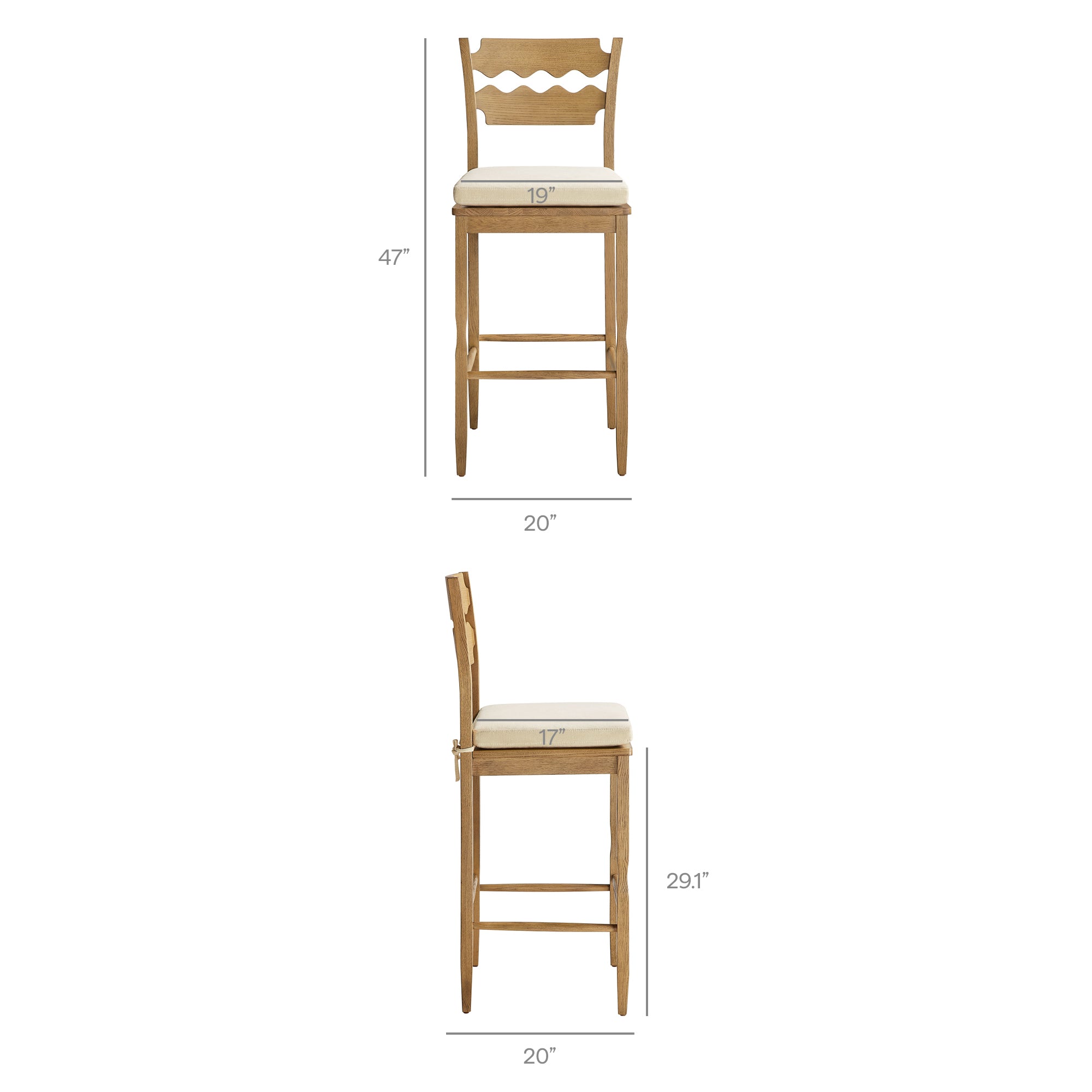 Jax Oak Wood Bar Stool With Wavy Razor Back and Cushion