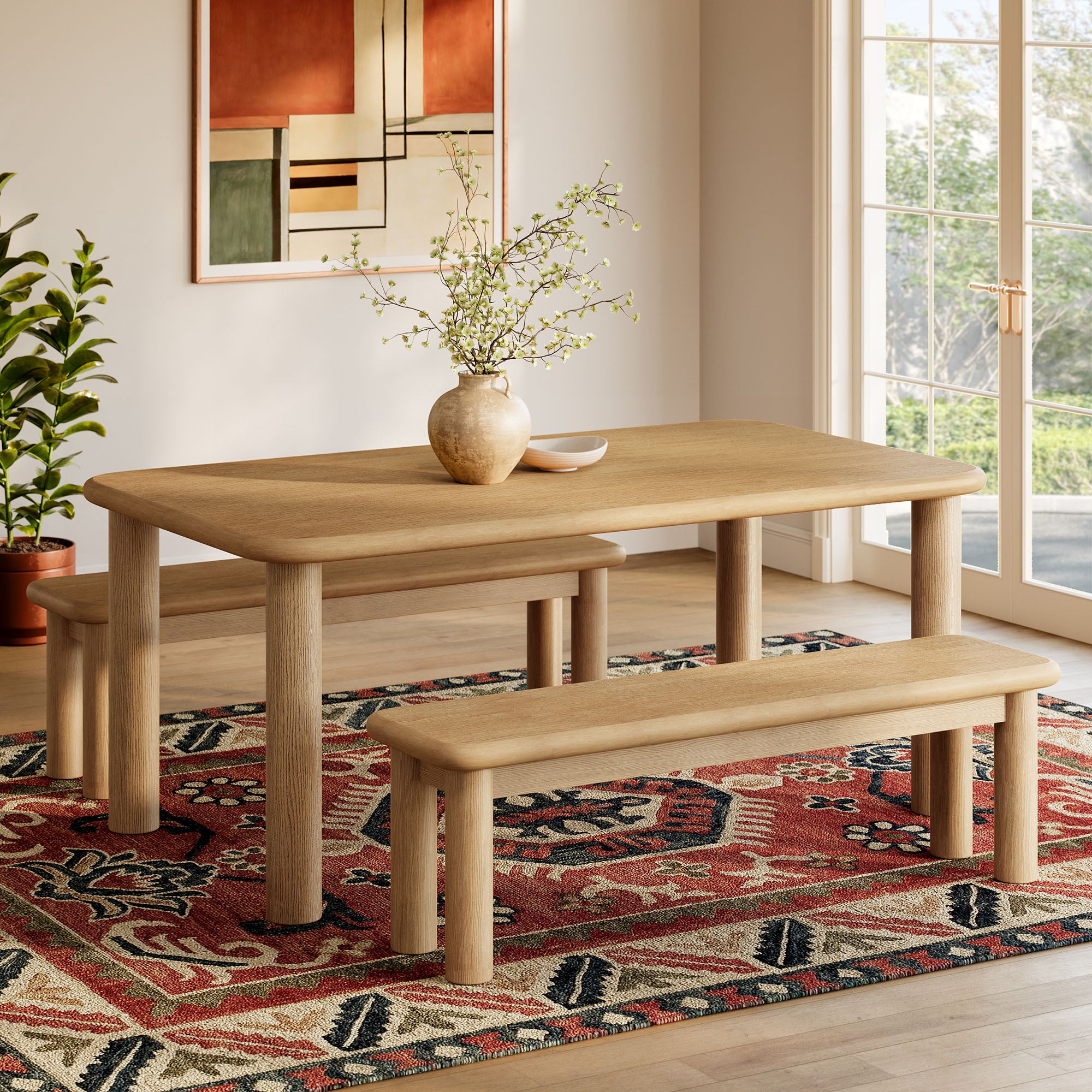 Alvia 3-Piece Wood Dining Table and Benches Set
