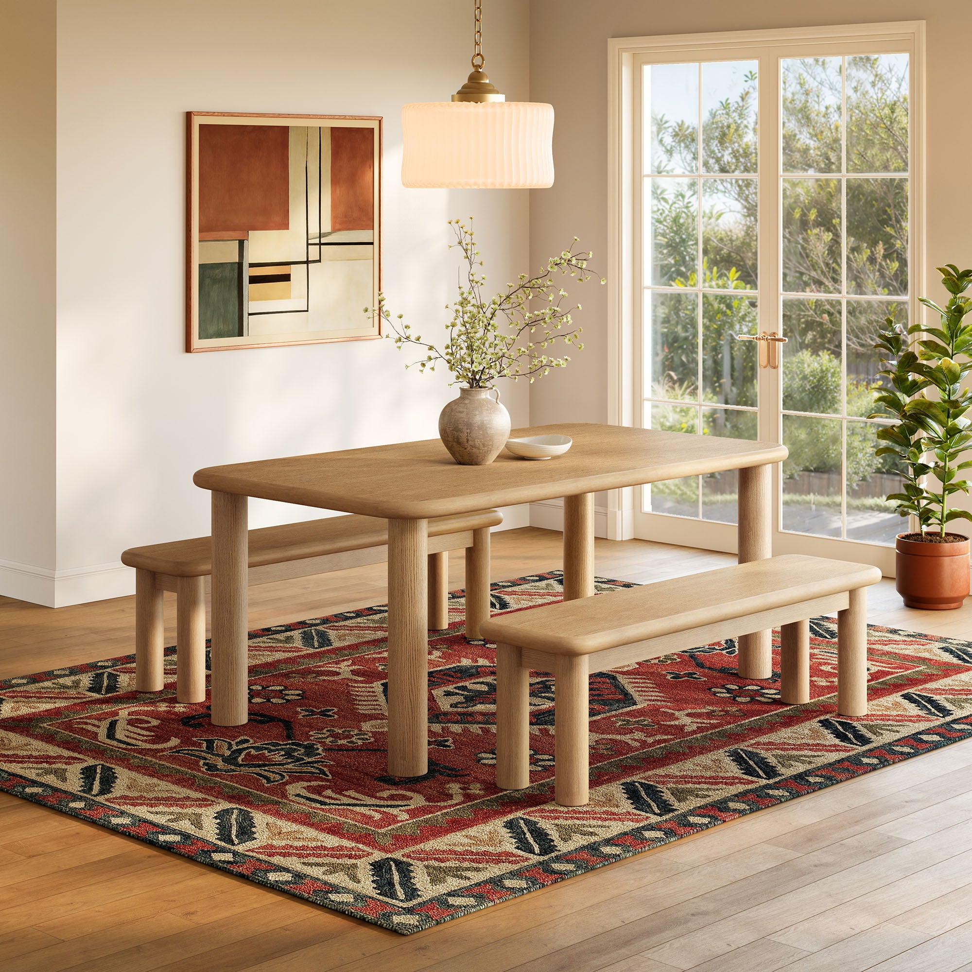 Alvia 3-Piece Wood Dining Table and Benches Set