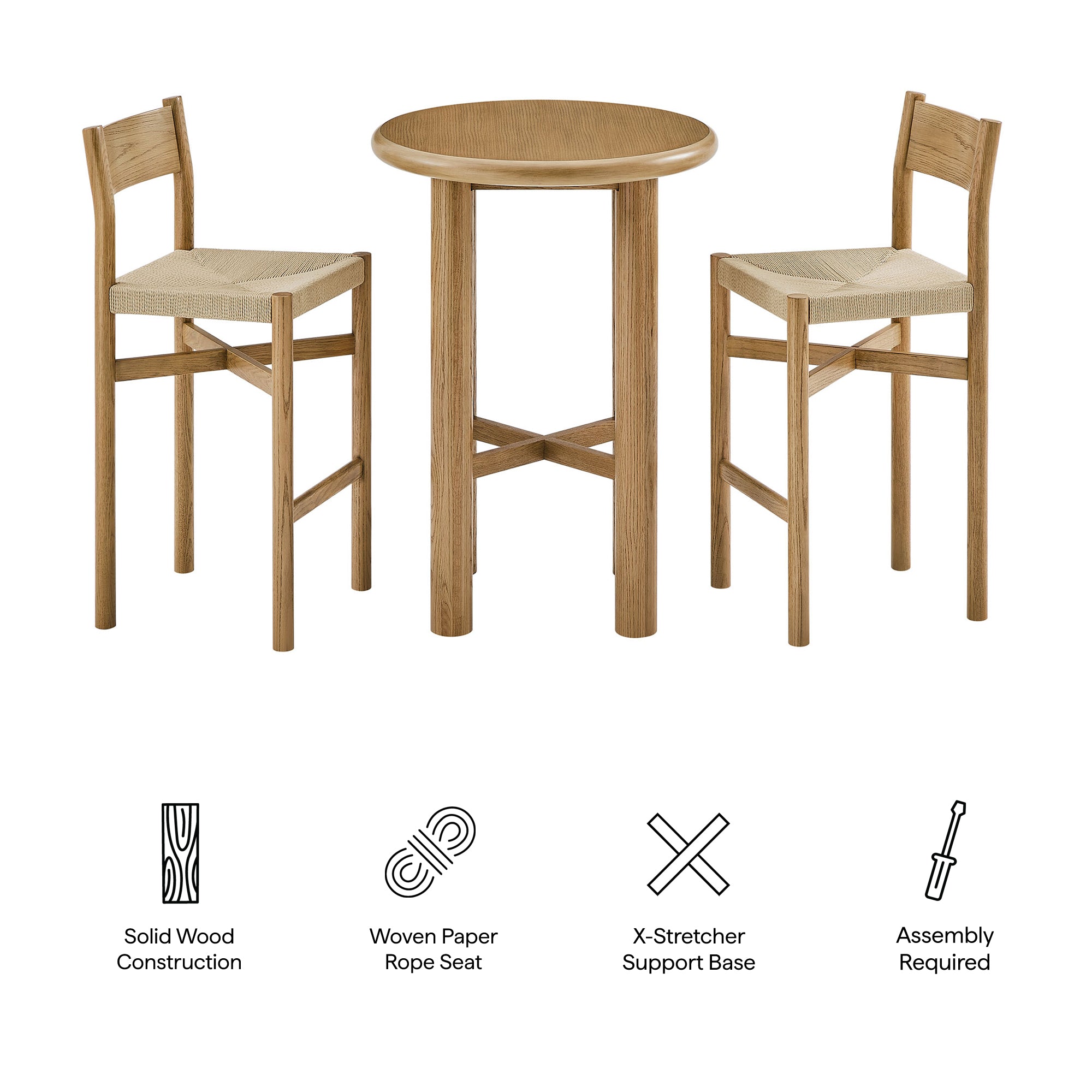 Alvia 3-Piece Round Wood Bar Table With Bar Stools Set