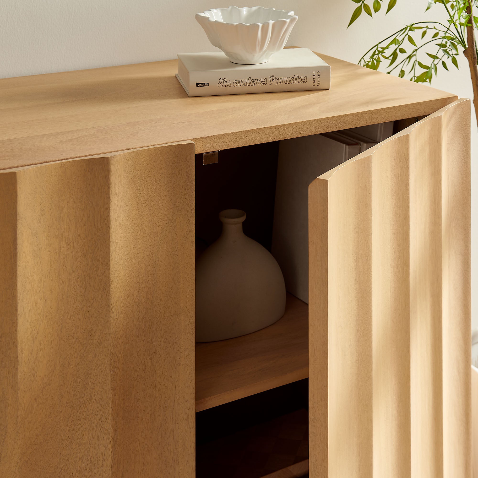 Sorren 54 Inch Scalloped Wood 3-Door Sideboard