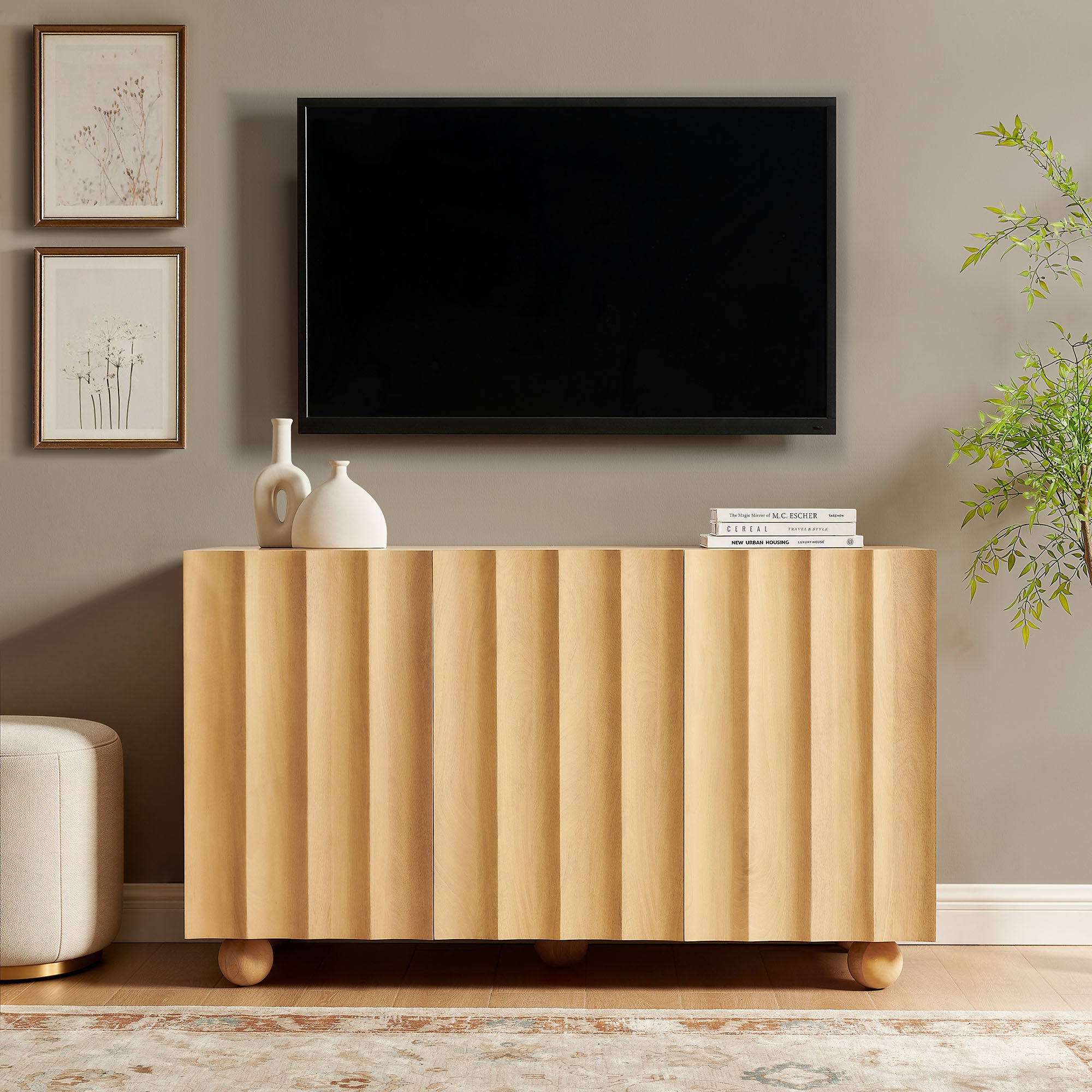 Sorren 54 Inch Scalloped Wood 3-Door Sideboard