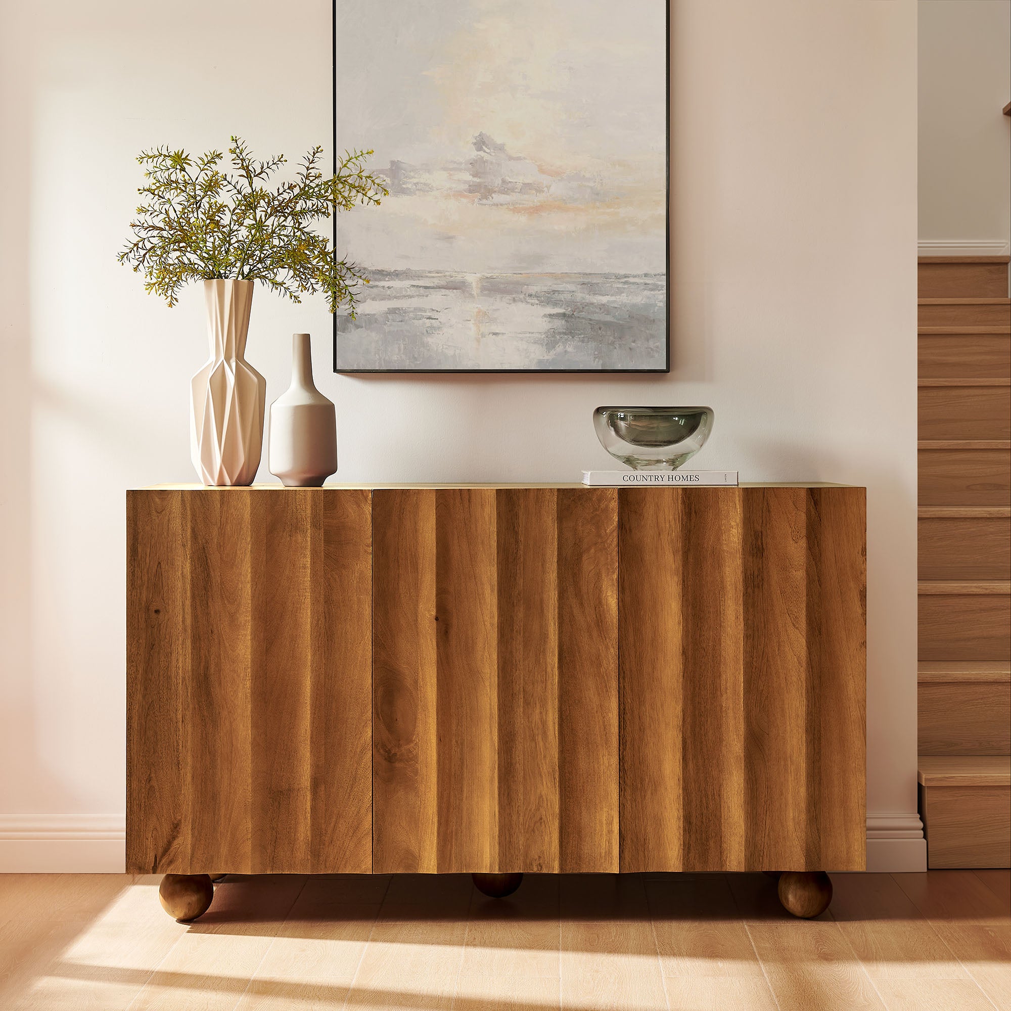 Sorren 54 Inch Scalloped Wood 3-Door Sideboard