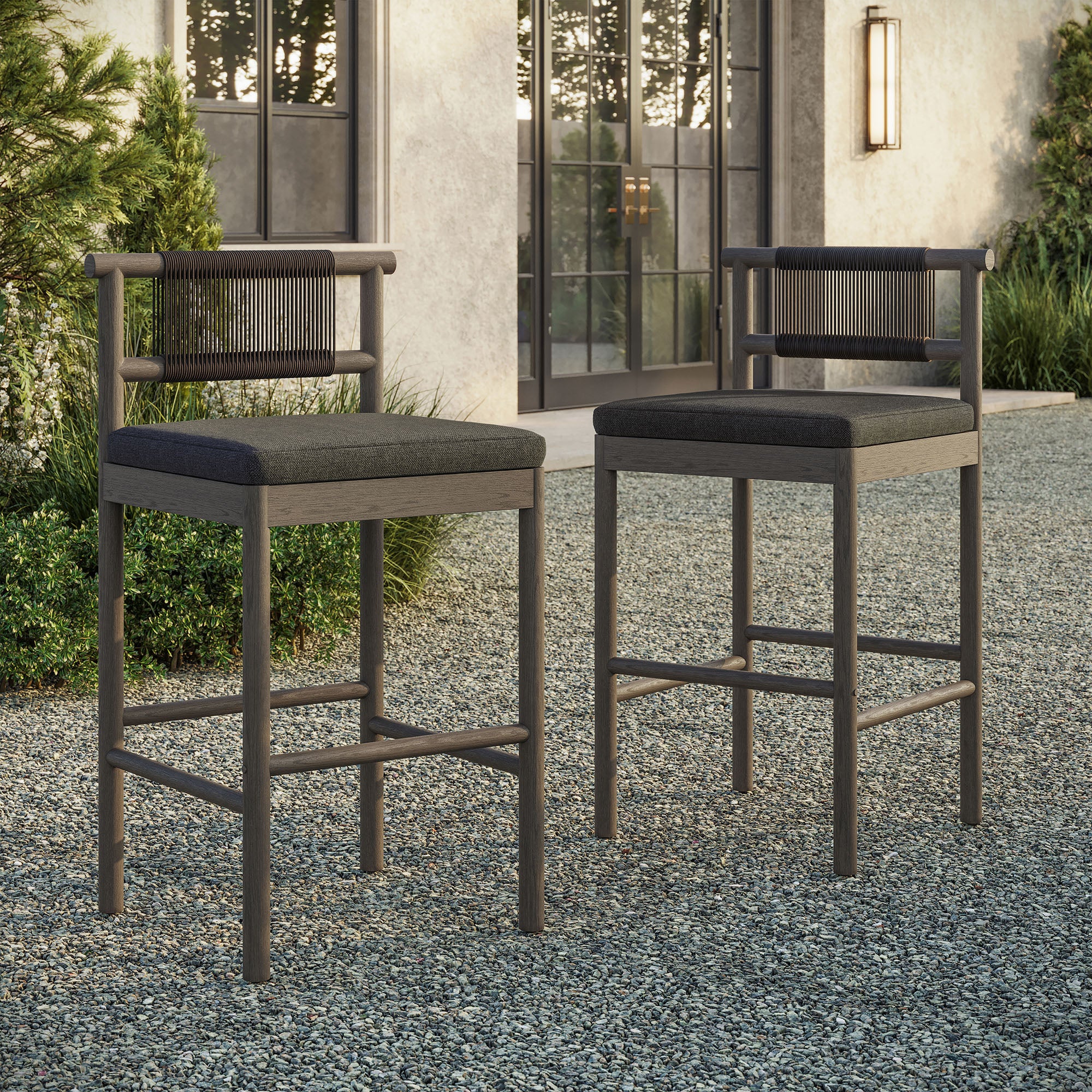 Eleni Outdoor Patio Teak Wood Bar Stools Set of 2