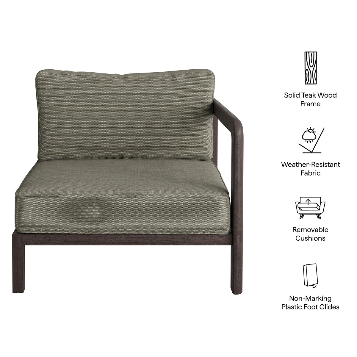 Kona Outdoor Patio Teak Wood Right-Arm Facing Modular Armchair