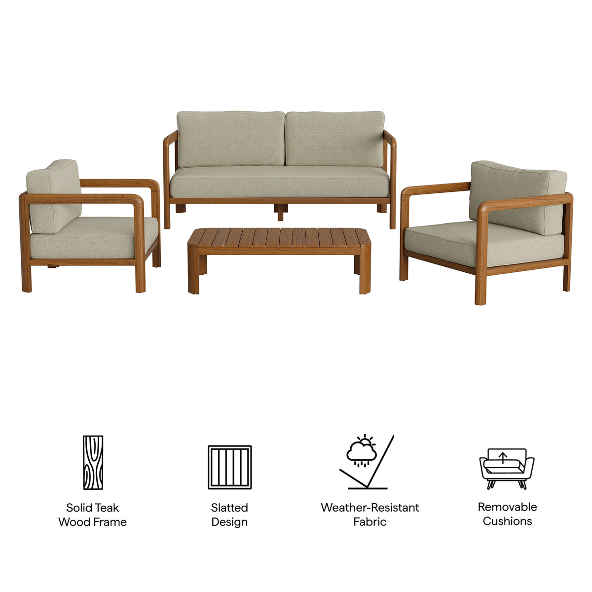 Kona 4-Piece Outdoor Patio Teak Wood Furniture Set