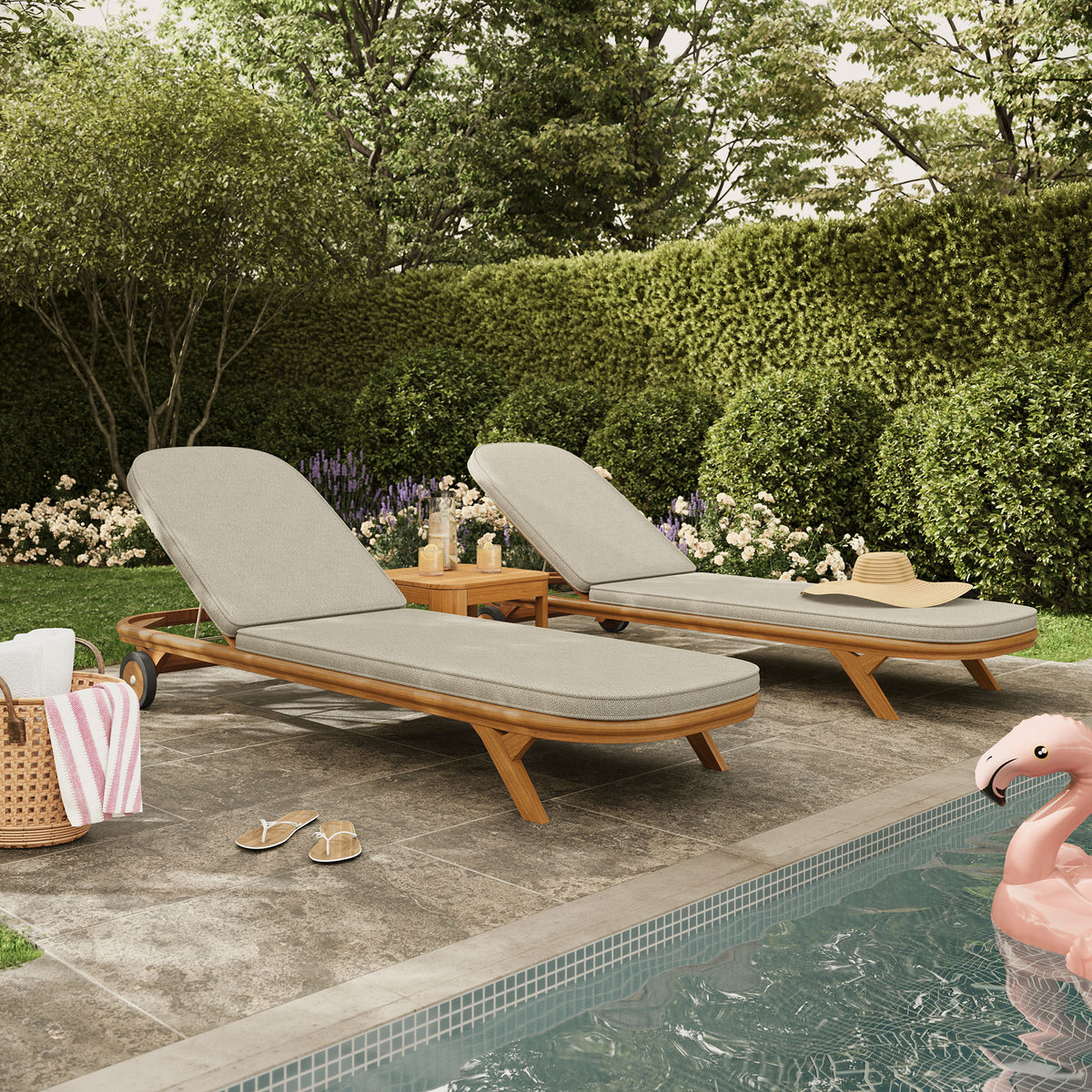 Kona 3-Piece Outdoor Patio Teak Wood Chaise Lounge Set