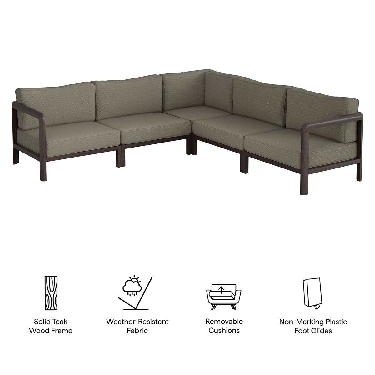 Kona 5-Piece Outdoor Patio Teak Wood Corner Modular Sofa
