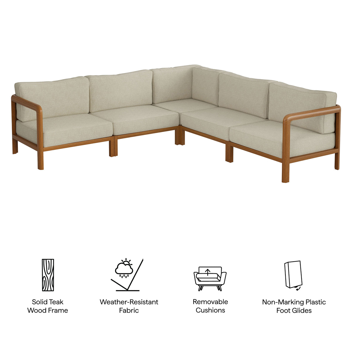 Kona 5-Piece Outdoor Patio Teak Wood Corner Modular Sofa