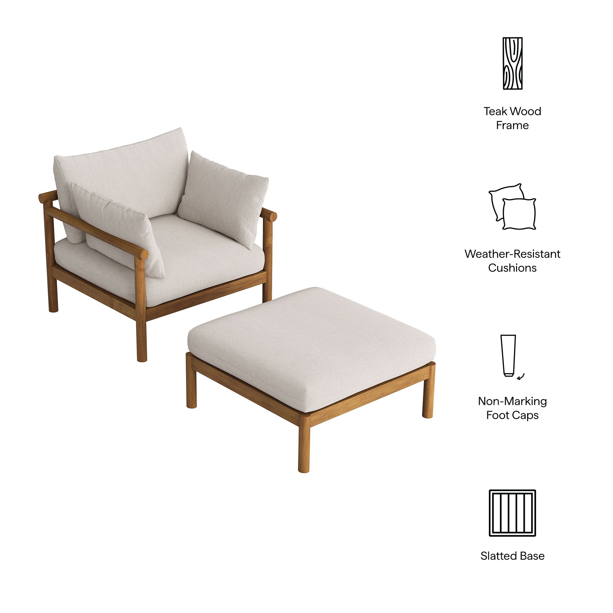 Eleni 2-Piece Outdoor Patio Teak Wood Armchair and Ottoman Set