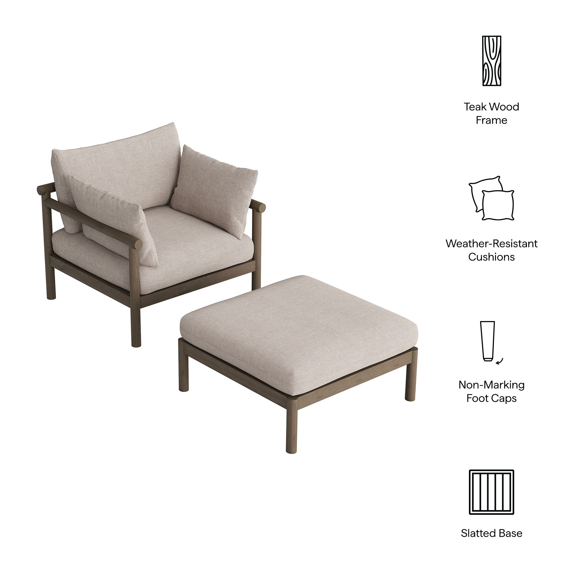 Eleni 2-Piece Outdoor Patio Teak Wood Armchair and Ottoman Set