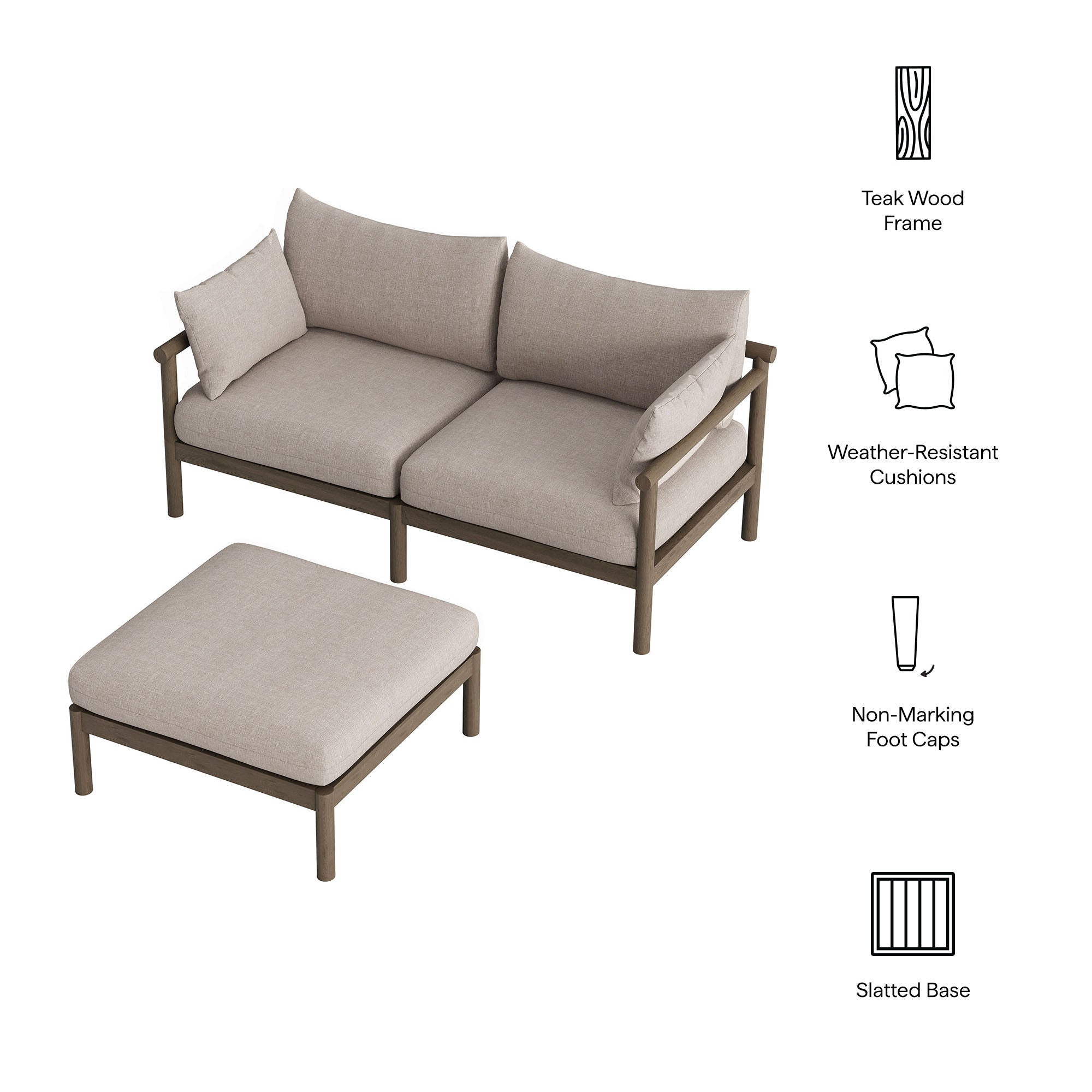 Eleni 2-Piece Outdoor Patio Teak Wood Loveseat with Ottoman Set