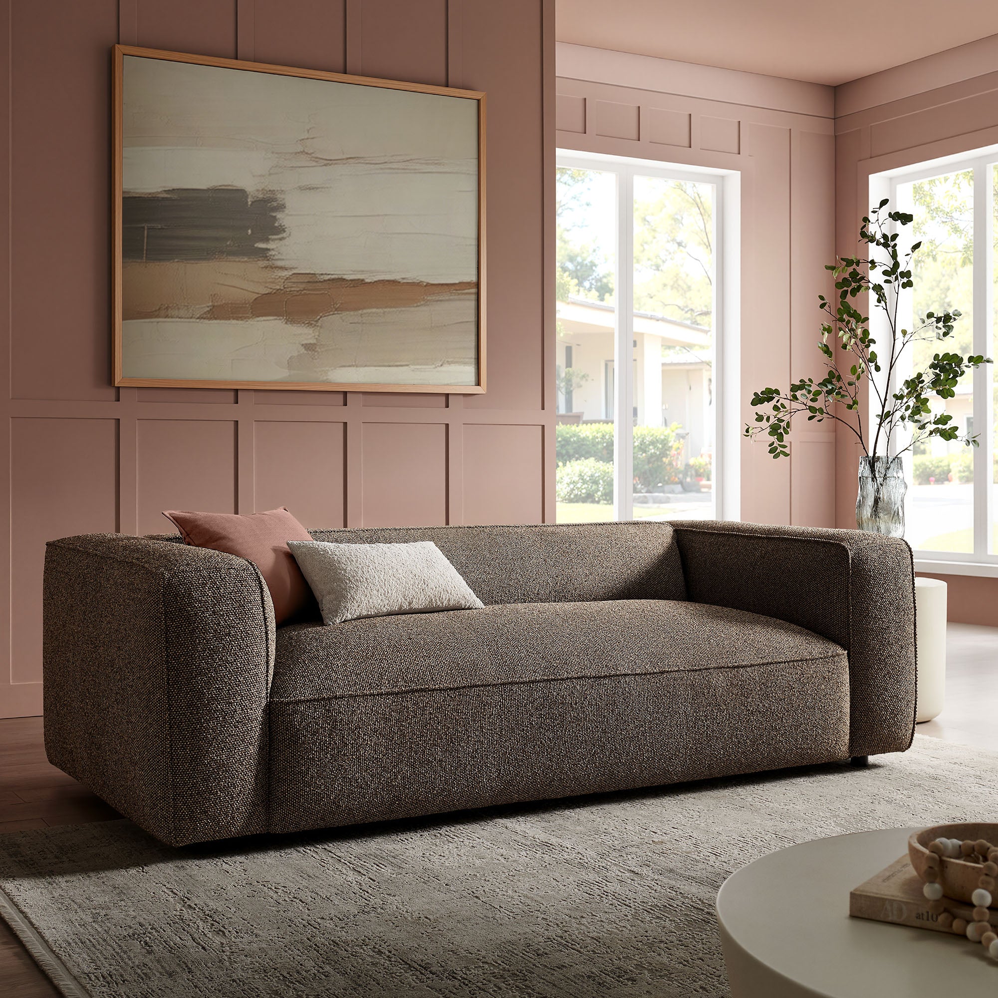 Auren 88 Inch Lattice Bouclé Upholstered Sofa