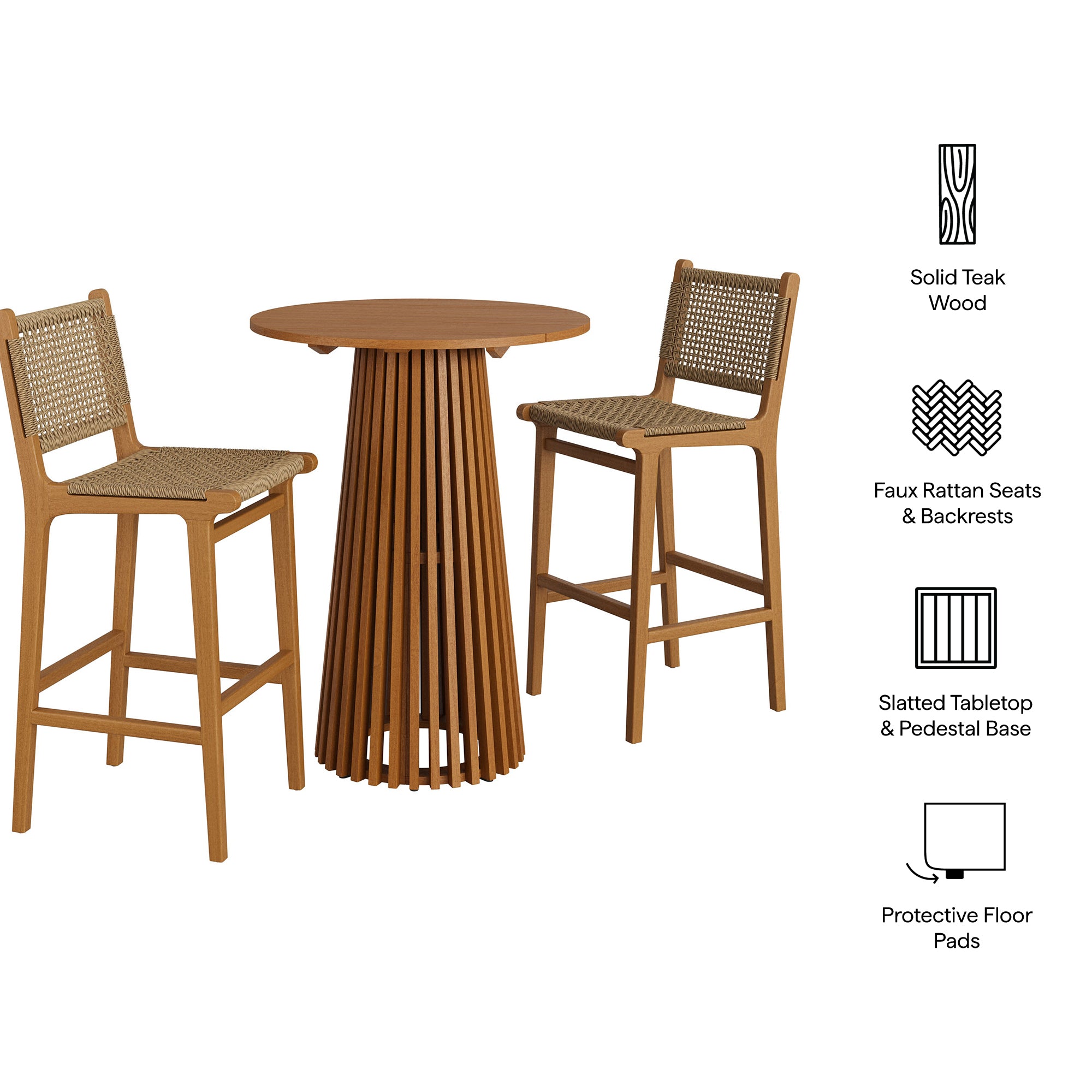 Rowe 3-Piece Outdoor Patio Teak Wood Bar Set