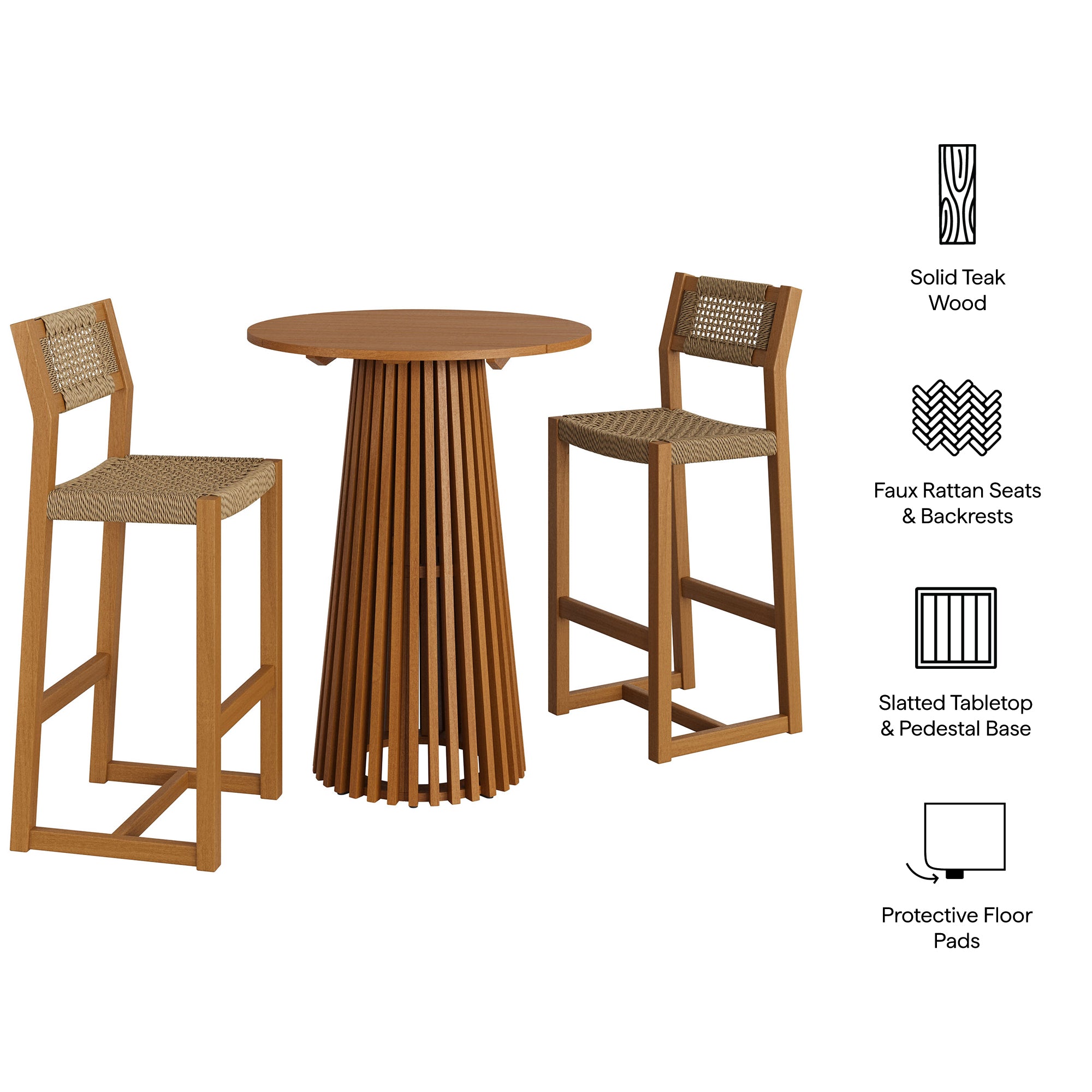Reed 3-Piece Outdoor Patio Teak Wood Bar Set
