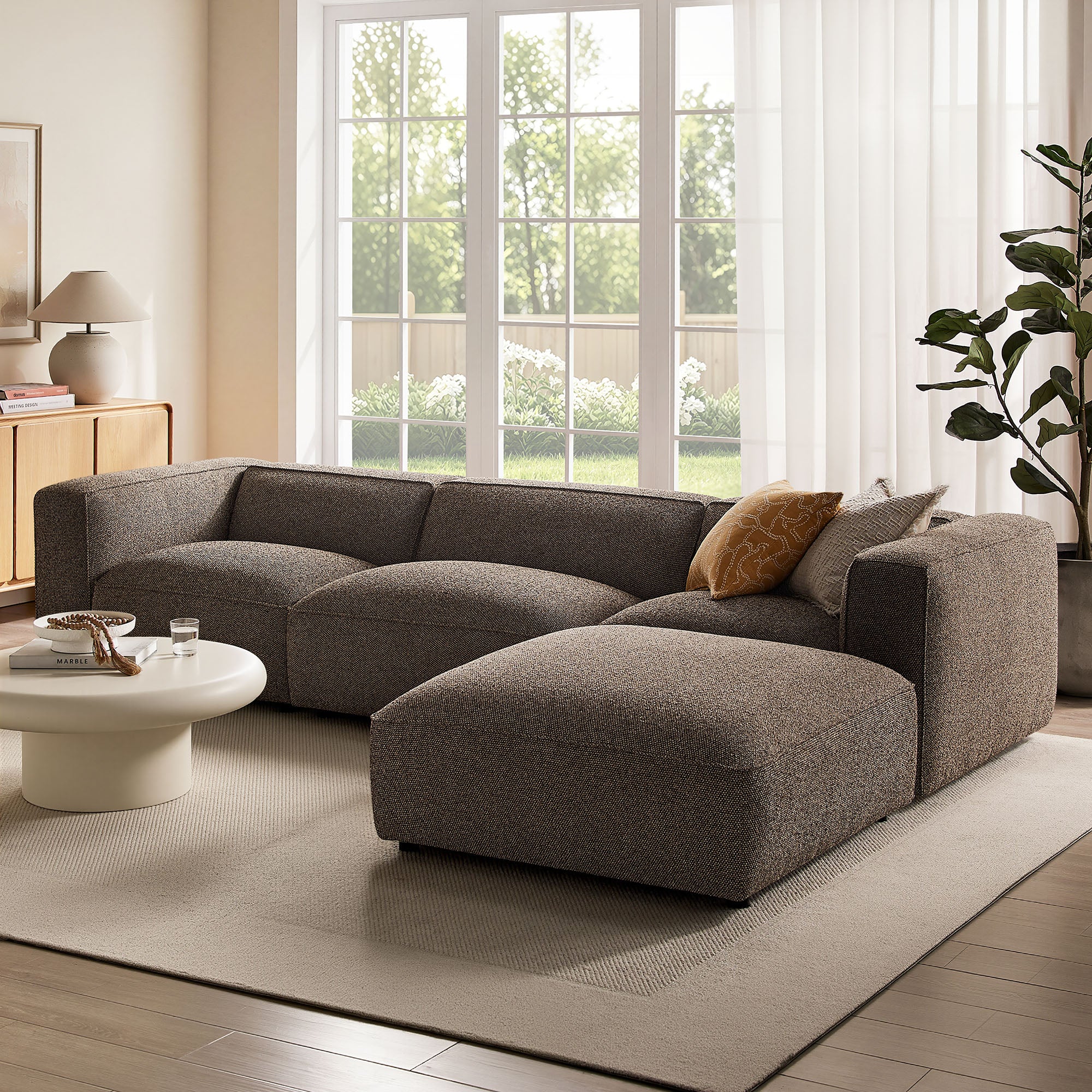 Auren 4 Piece Lattice Bouclé Upholstered Modular Sofa with Ottoman