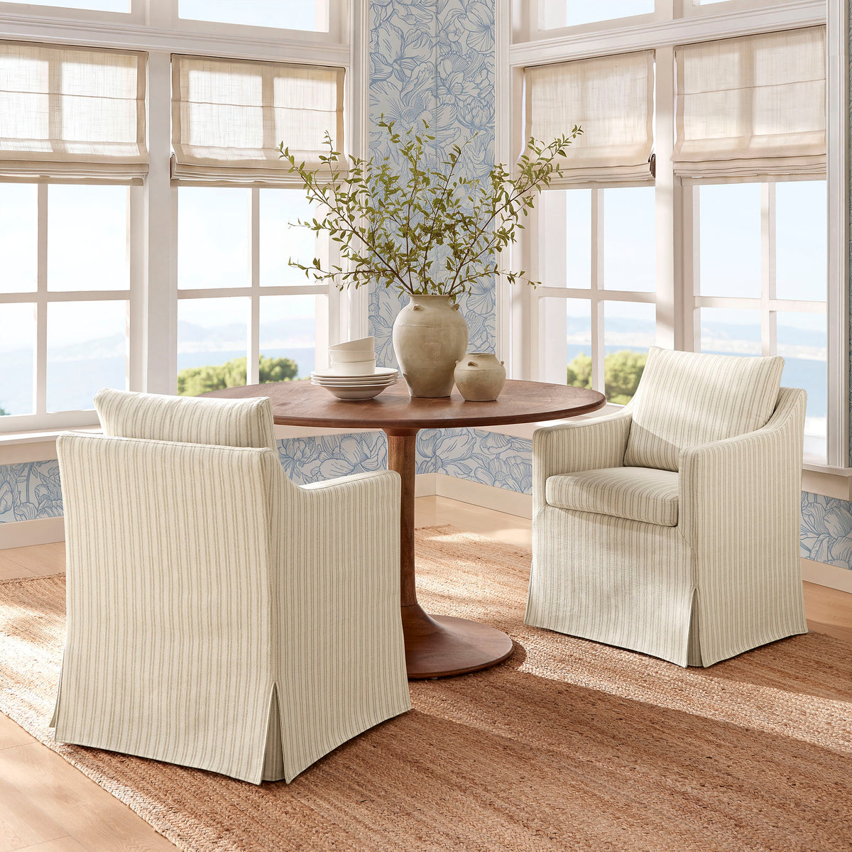 Serene Slipcovered Striped Fabric Dining Armchair