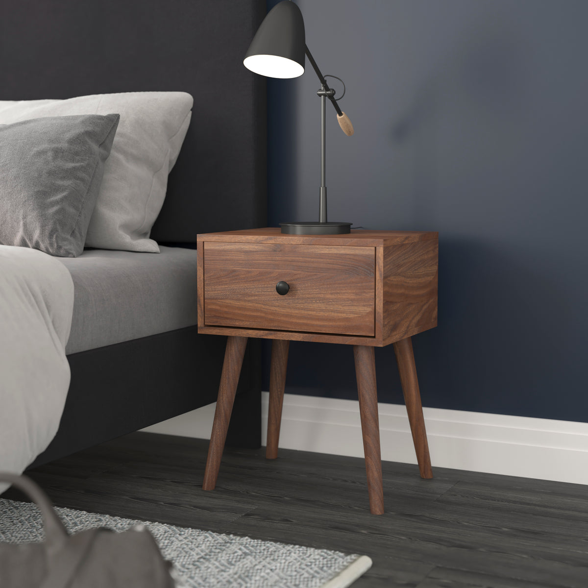 Hatfield Mid-Century Modern One Drawer Wood Nightstand, Side Accent or End Table with Soft Close Storage Drawer